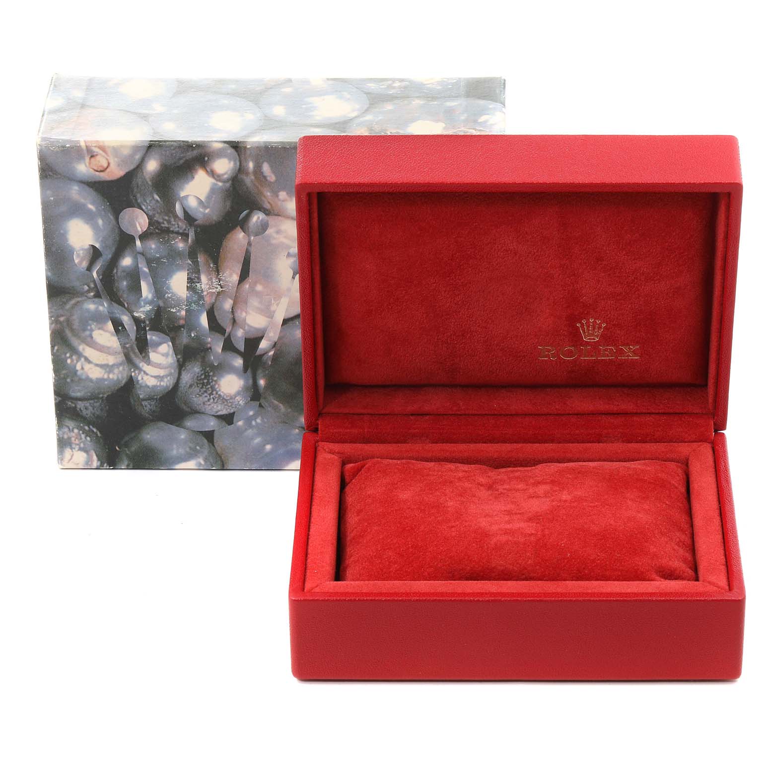 The image shows a red Rolex Datejust 79163 Women's Steel and Gold (two tone) Silver Dial 79163 Women's Steel and Gold (two tone) Silver Dial watch box with the lid open and a decorative outer box in the background.