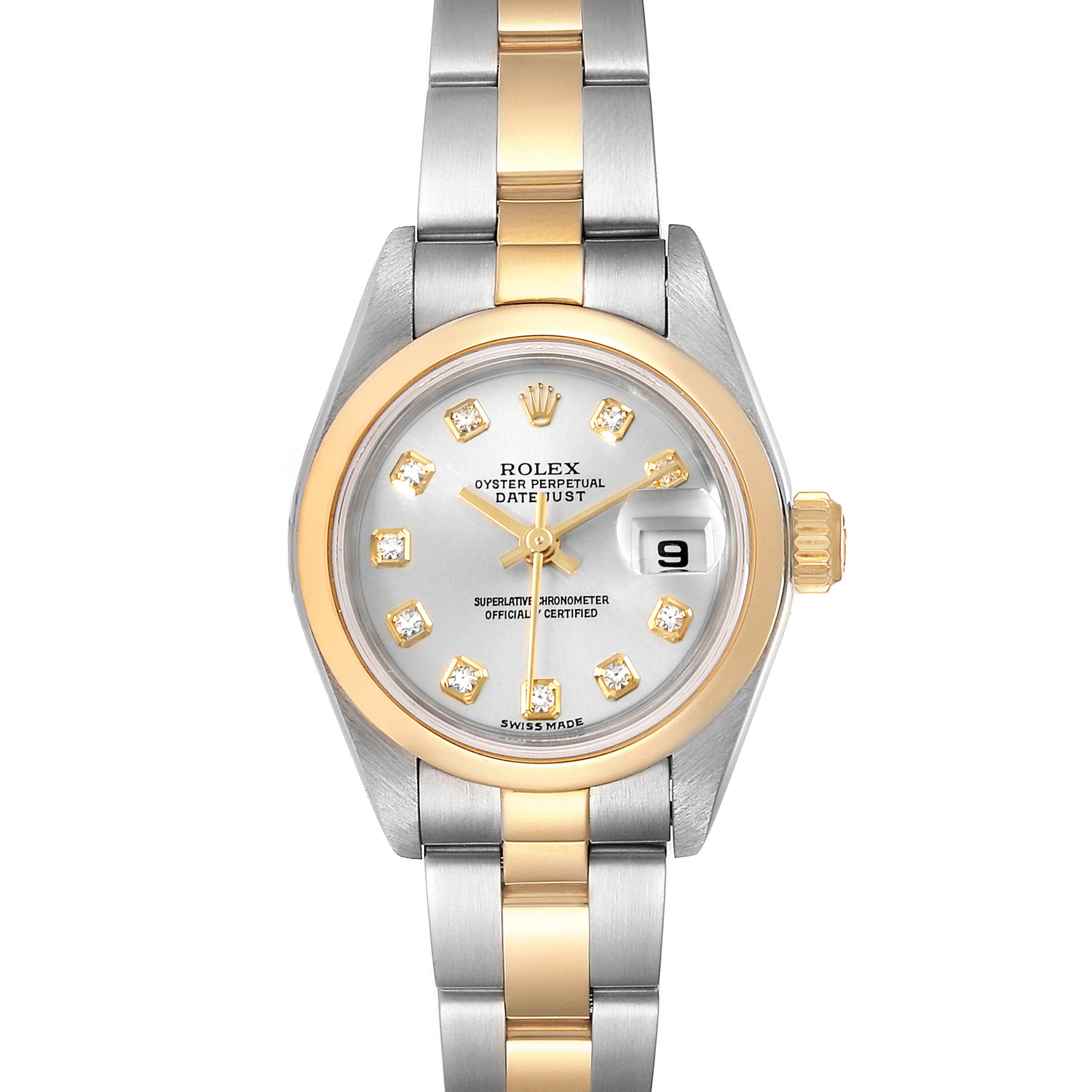 The image shows a front view of a Rolex Datejust 79163 Women's Steel and Gold (two tone) Silver Dial 79163 Women's Steel and Gold (two tone) Silver Dial watch, highlighting the dial, bezel, and two-tone bracelet.