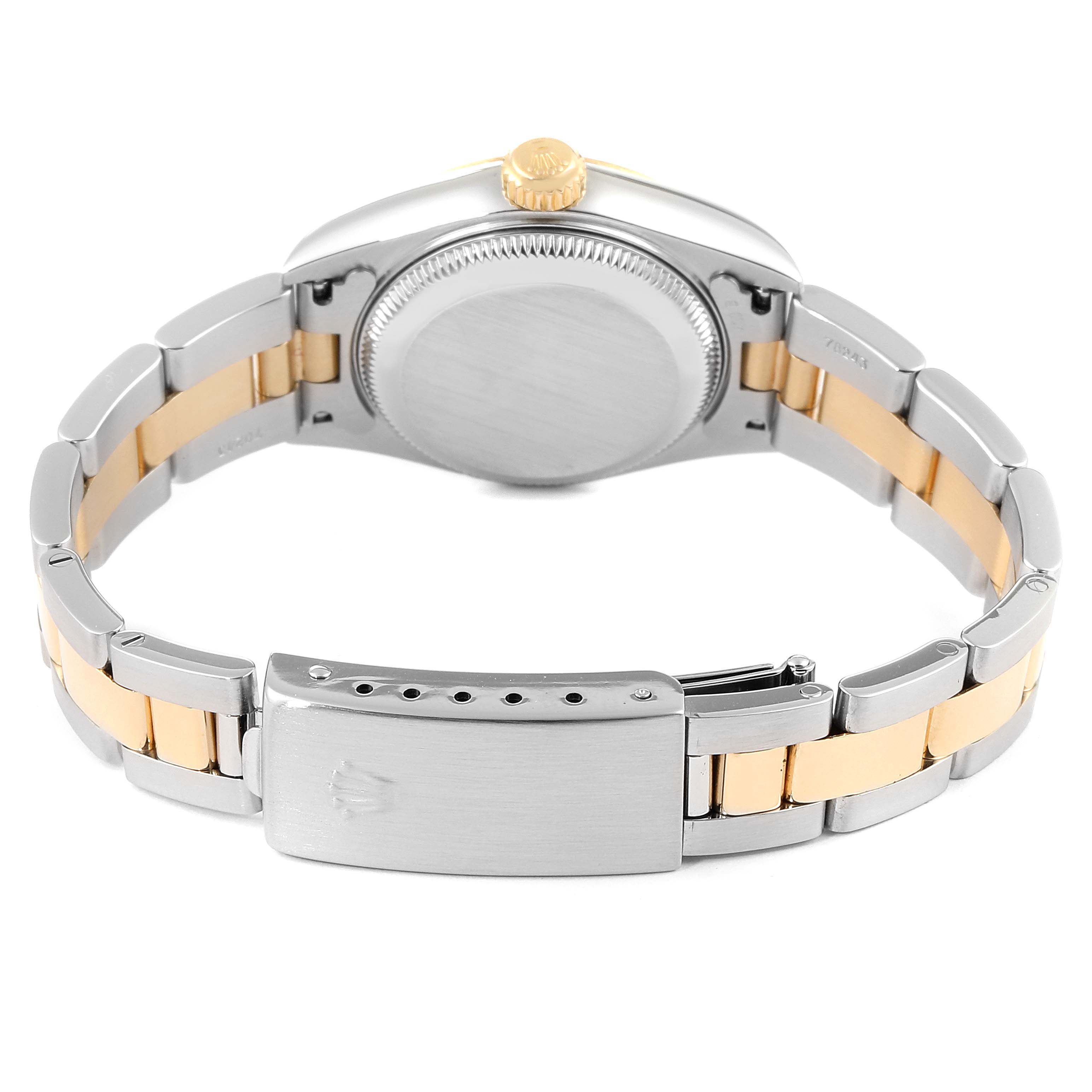 The image shows the back view of a Rolex Datejust 79163 Women's Steel and Gold (two tone) Silver Dial 79163 Women's Steel and Gold (two tone) Silver Dial watch, focusing on the bracelet and the closed clasp.