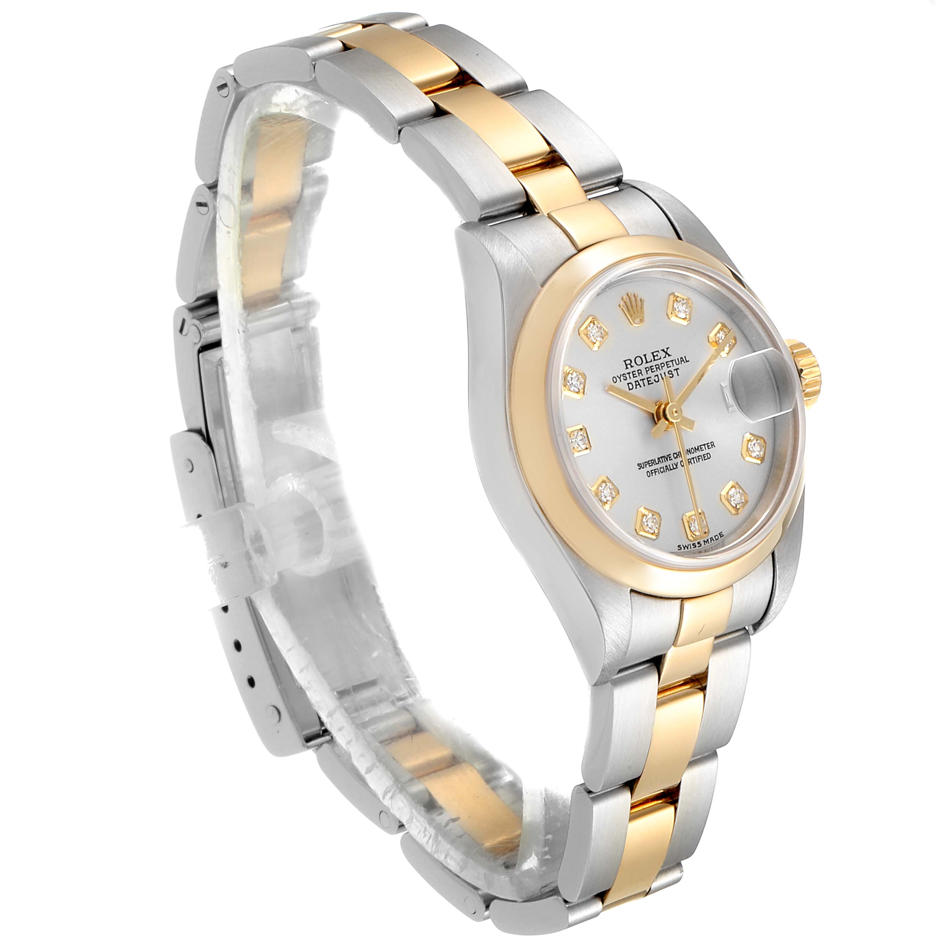 The Rolex Datejust 79163 Women's Steel and Gold (two tone) Silver Dial 79163 Women's Steel and Gold (two tone) Silver Dial watch is shown from a slightly angled side view, displaying the face, bezel, and two-tone band.