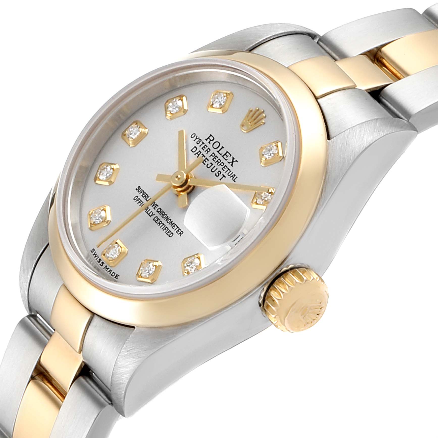 The Rolex Datejust 79163 Women's Steel and Gold (two tone) Silver Dial 79163 Women's Steel and Gold (two tone) Silver Dial watch is shown at a slight angle, highlighting the dial, crown, and part of the bracelet.