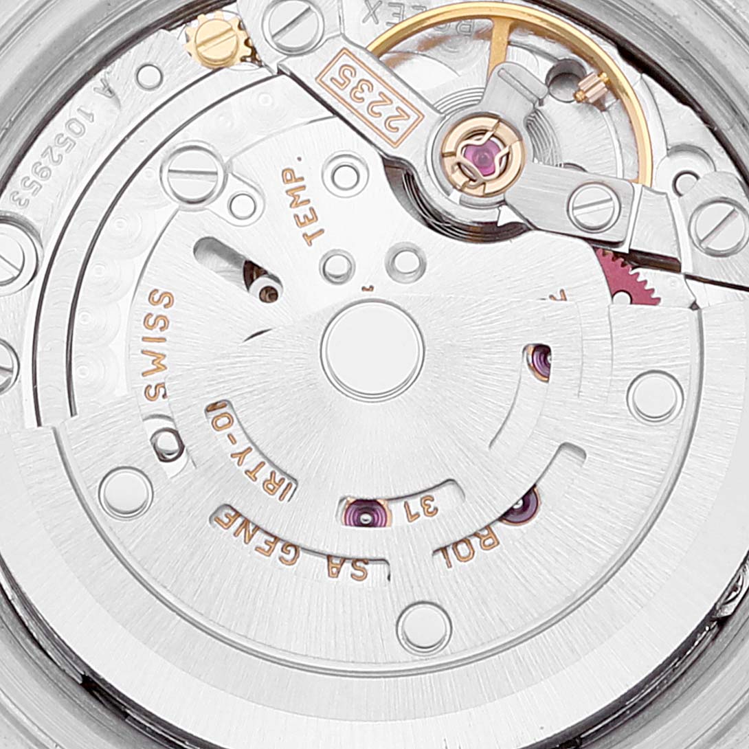 This image shows the internal mechanical movement of the Rolex Datejust 79173 Women's Steel and Gold (two tone) Blue Dial 79173 Women's Steel and Gold (two tone) Blue Dial watch at a close-up angle.