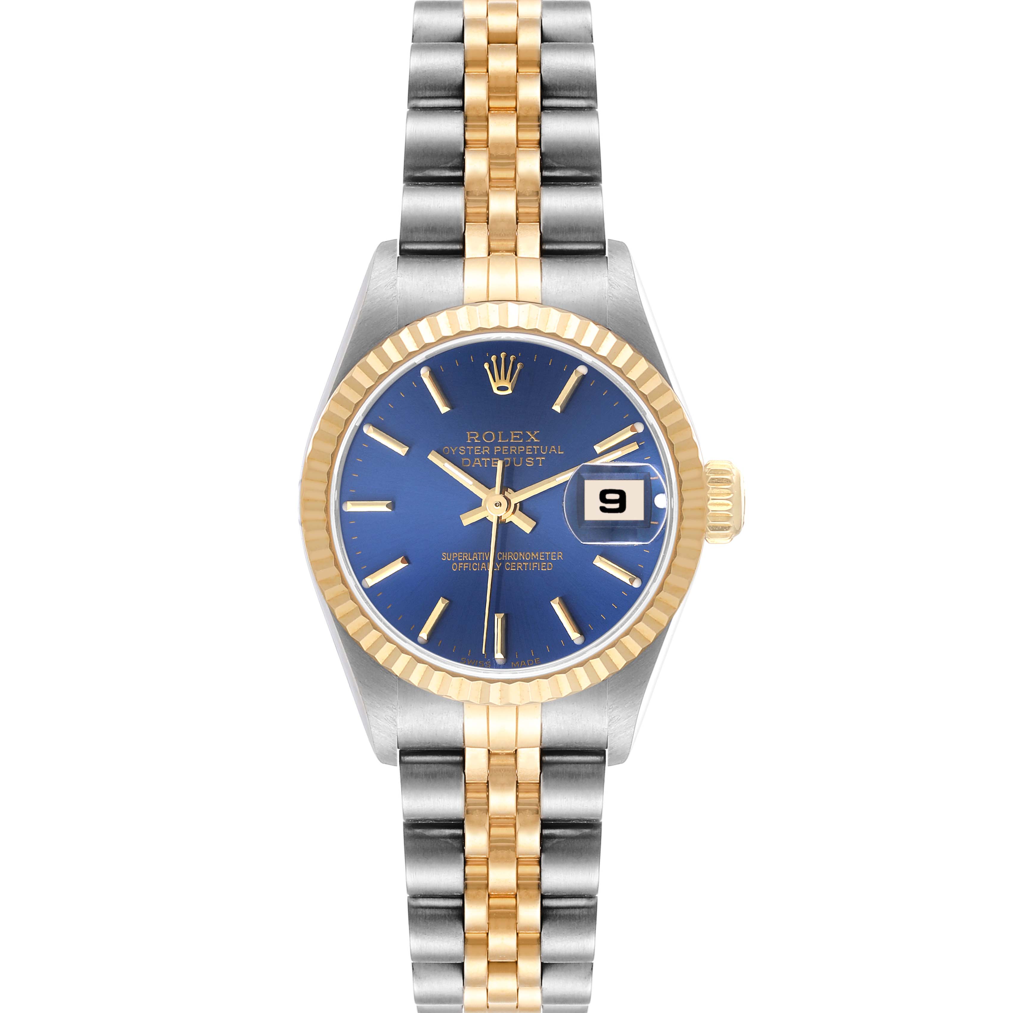 The image shows a front view of a Rolex Datejust 79173 Women's Steel and Gold (two tone) Blue Dial 79173 Women's Steel and Gold (two tone) Blue Dial watch featuring a blue dial, gold fluted bezel, and two-tone bracelet.