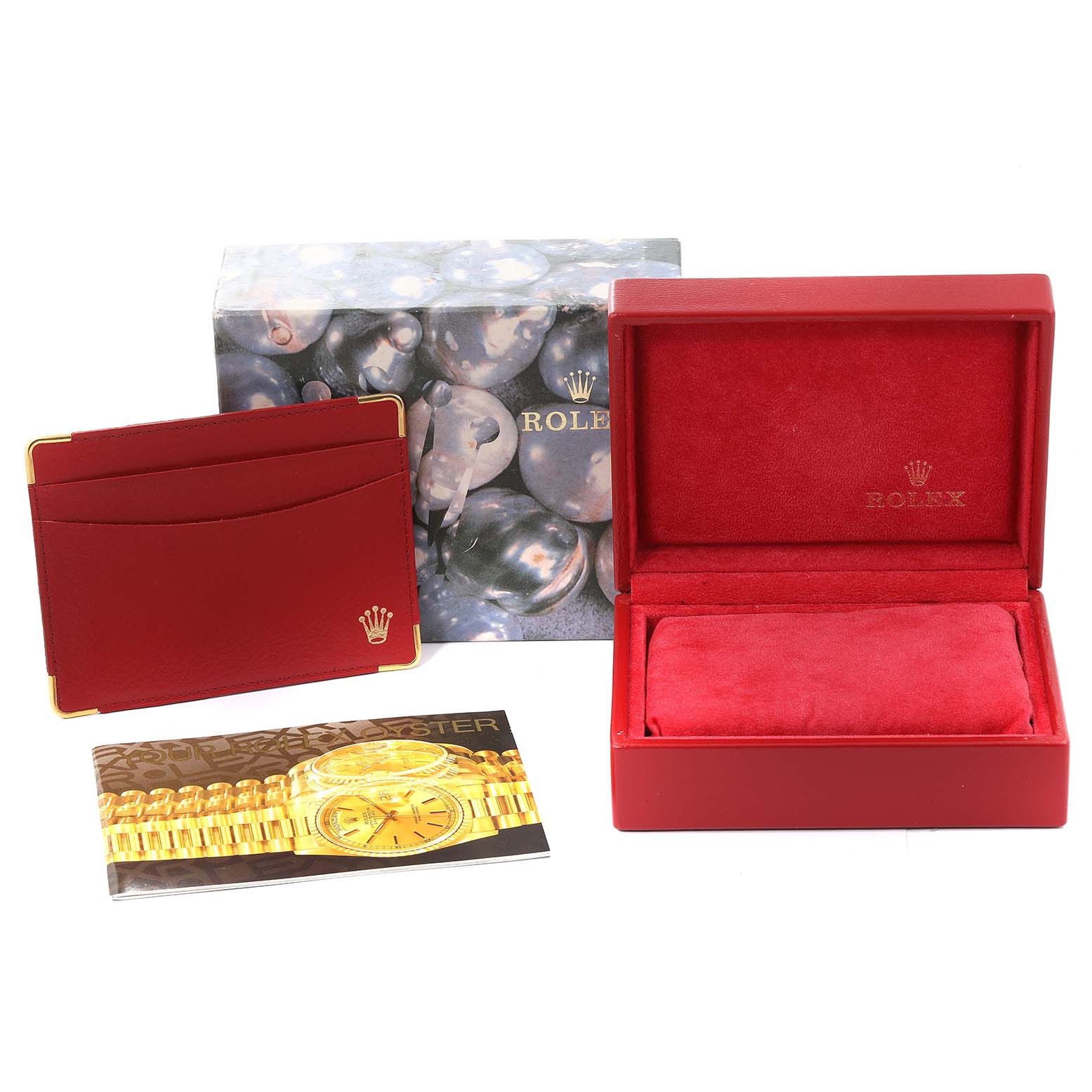 The image shows the box, cardholder, and manual of a Rolex Datejust 79173 Women's Steel and Gold (two tone) Blue Dial 79173 Women's Steel and Gold (two tone) Blue Dial watch, all positioned from a front angle.