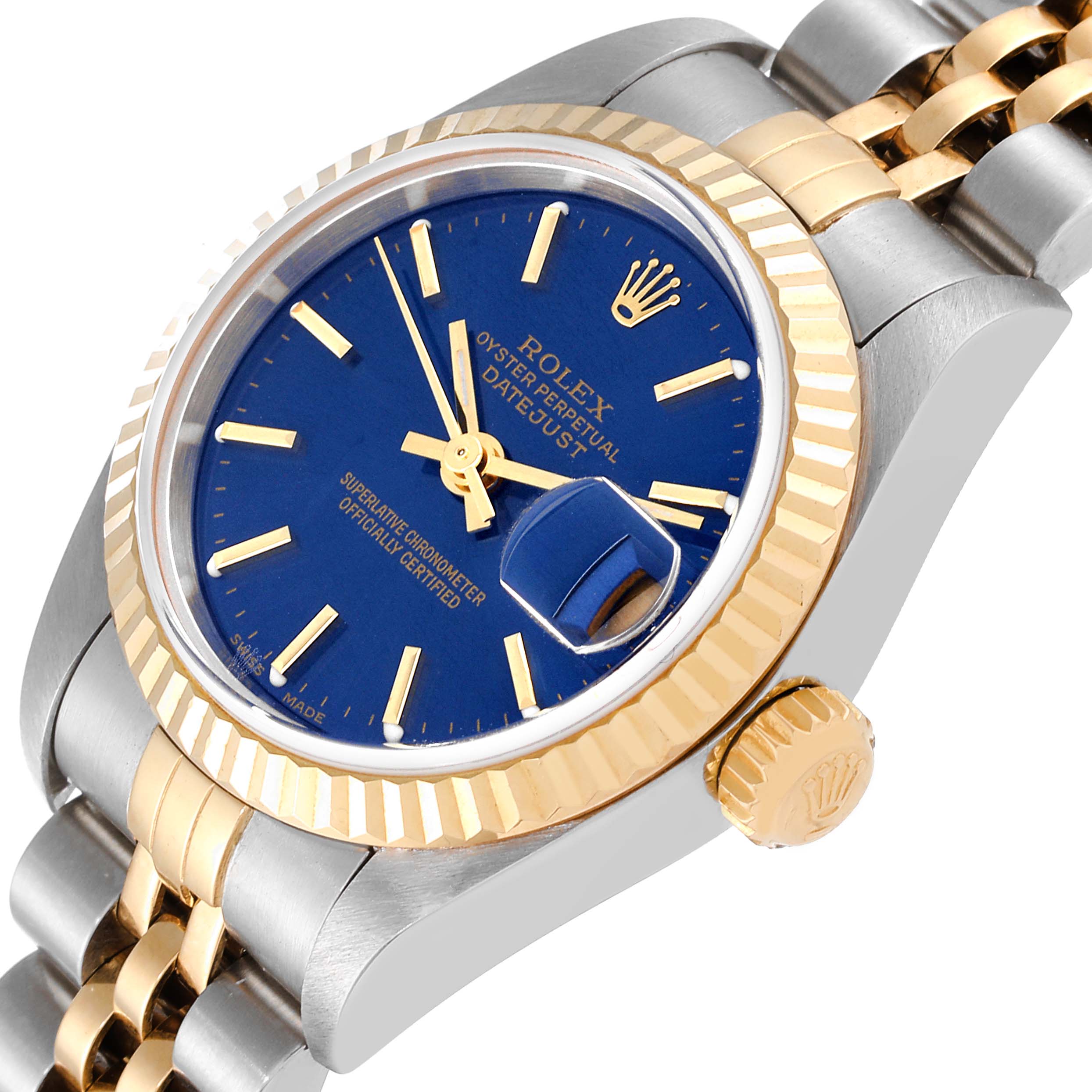 This image shows the Rolex Datejust 79173 Women's Steel and Gold (two tone) Blue Dial 79173 Women's Steel and Gold (two tone) Blue Dial model from an oblique angle, highlighting the blue dial, bezel, crown, and part of the bracelet.