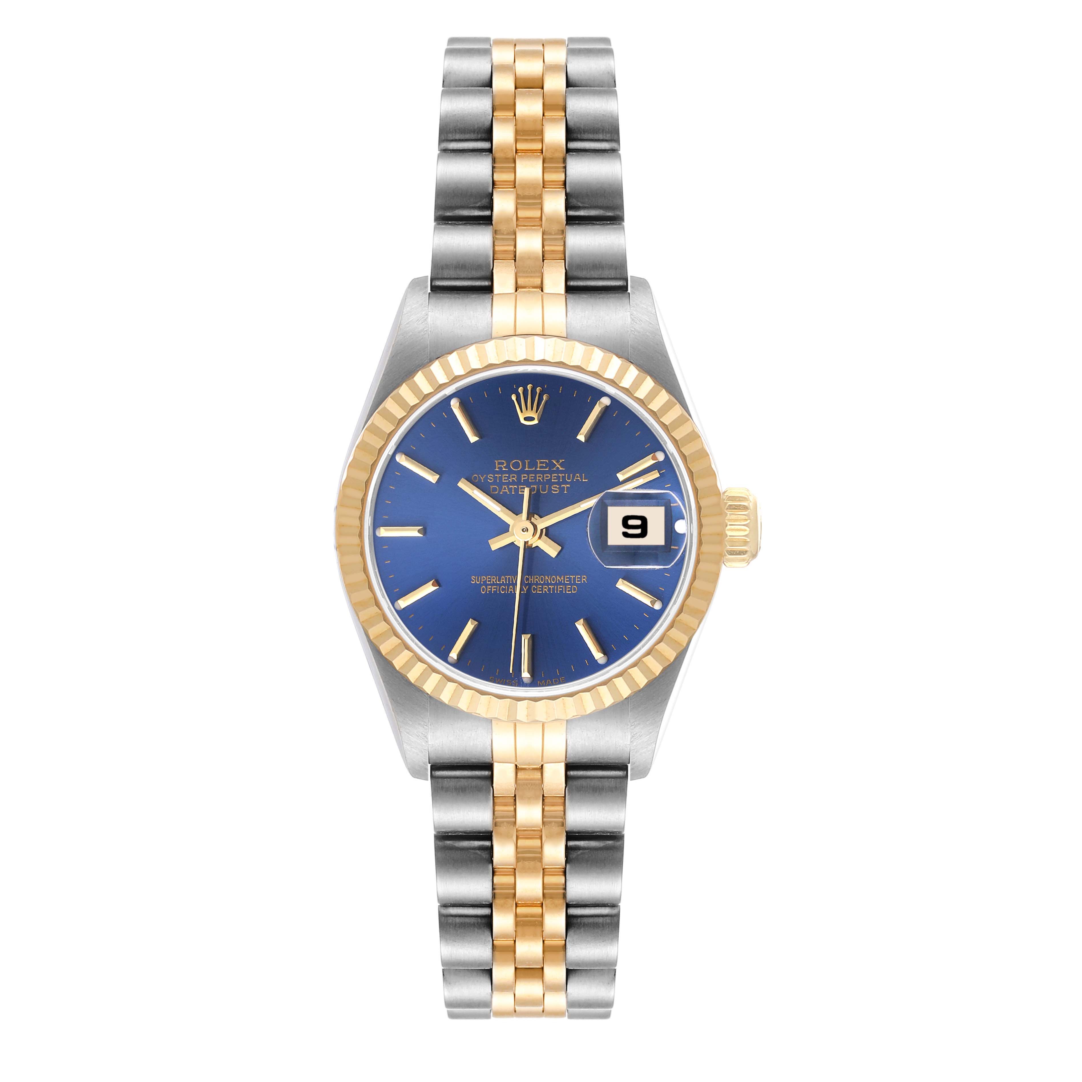 The Rolex Datejust 79173 Women's Steel and Gold (two tone) Blue Dial 79173 Women's Steel and Gold (two tone) Blue Dial watch is shown from a front angle, displaying its blue dial, gold and silver bracelet, and date window.