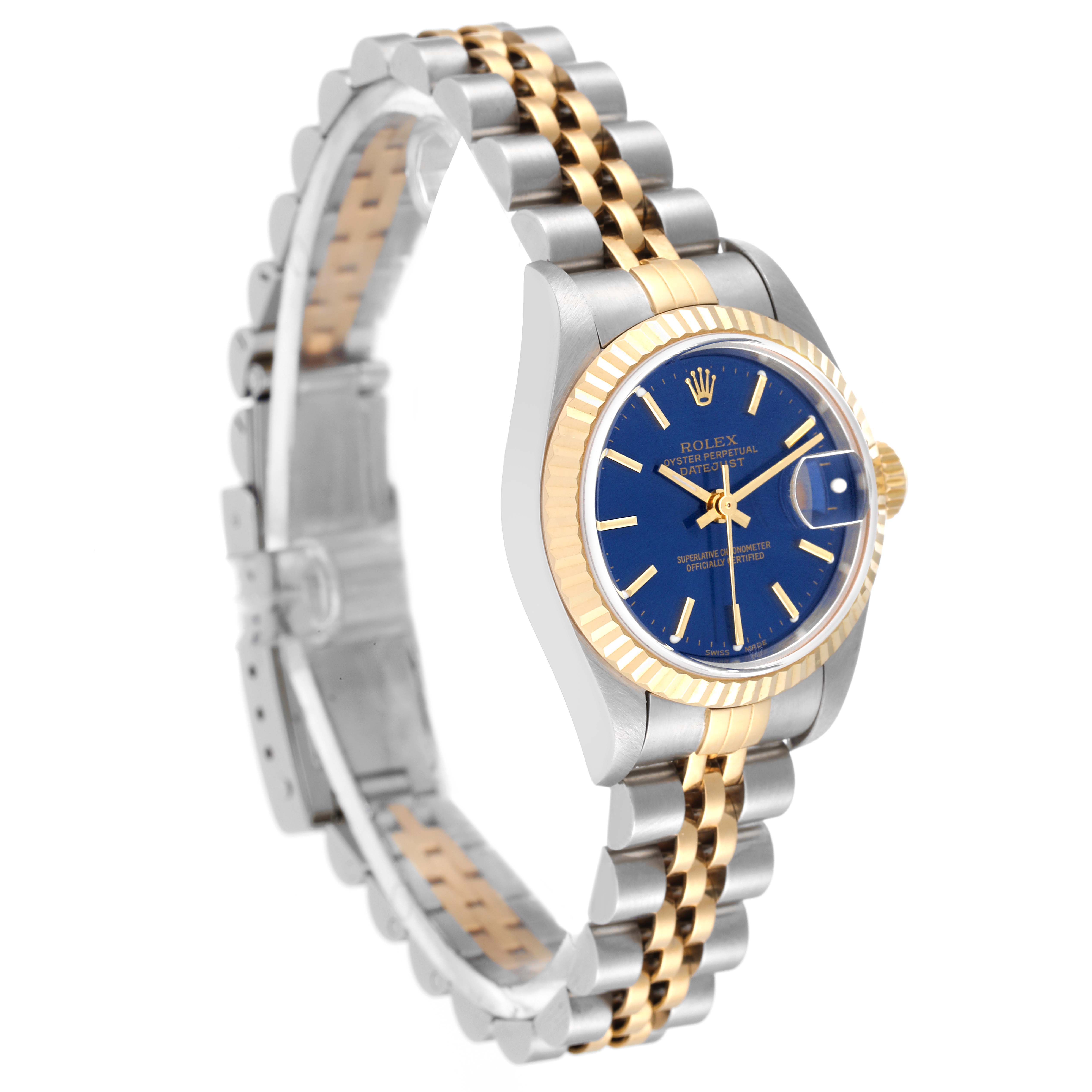 The Rolex Datejust 79173 Women's Steel and Gold (two tone) Blue Dial 79173 Women's Steel and Gold (two tone) Blue Dial watch is shown at a slight side angle, displaying the face, bezel, and two-tone bracelet.