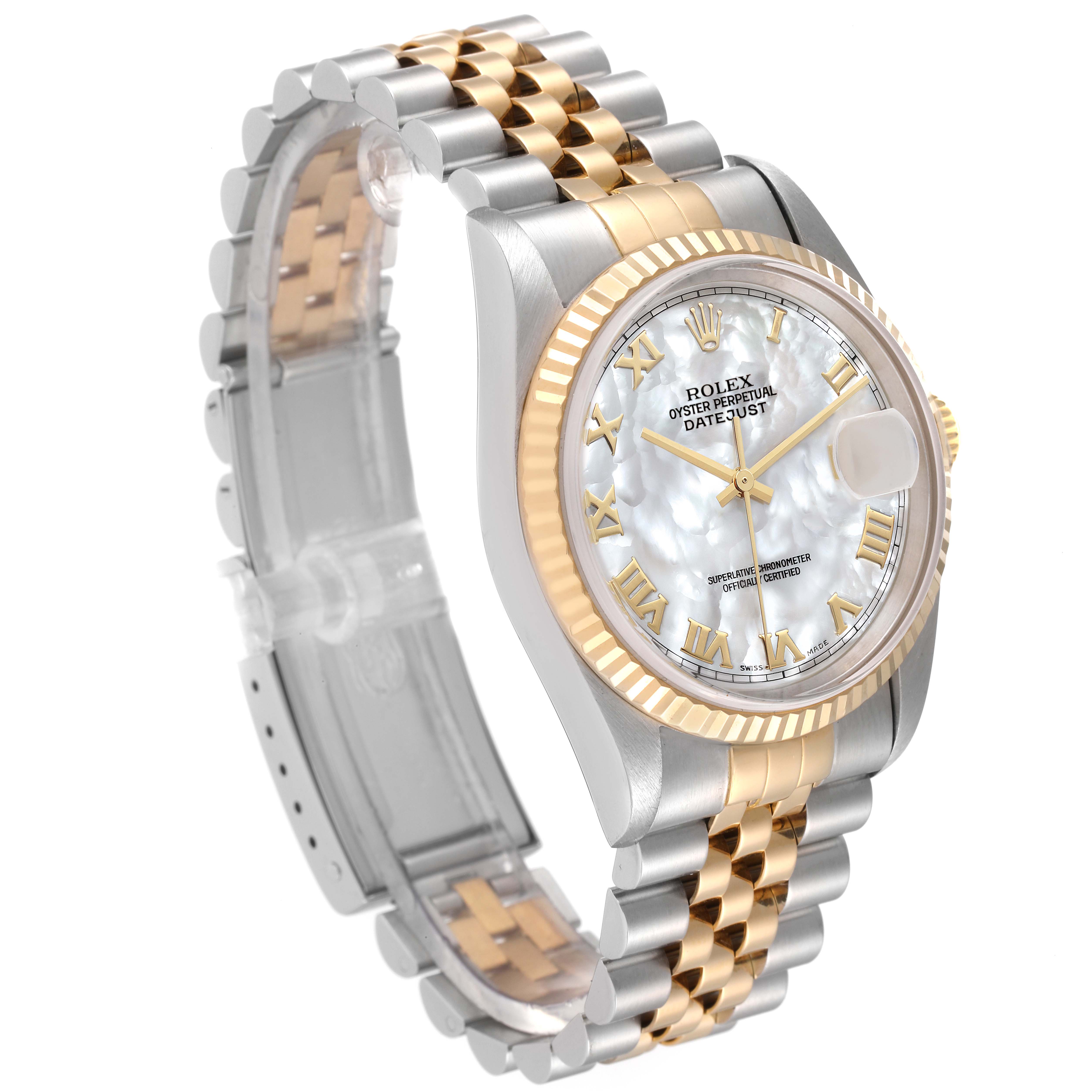 The image shows a Rolex Datejust 16233 Men's Steel and Gold (two tone) Mother of Pearl Dial 16233 Men's Steel and Gold (two tone) Mother of Pearl Dial watch at a 3/4 angle, highlighting its two-tone bracelet and mother-of-pearl dial.