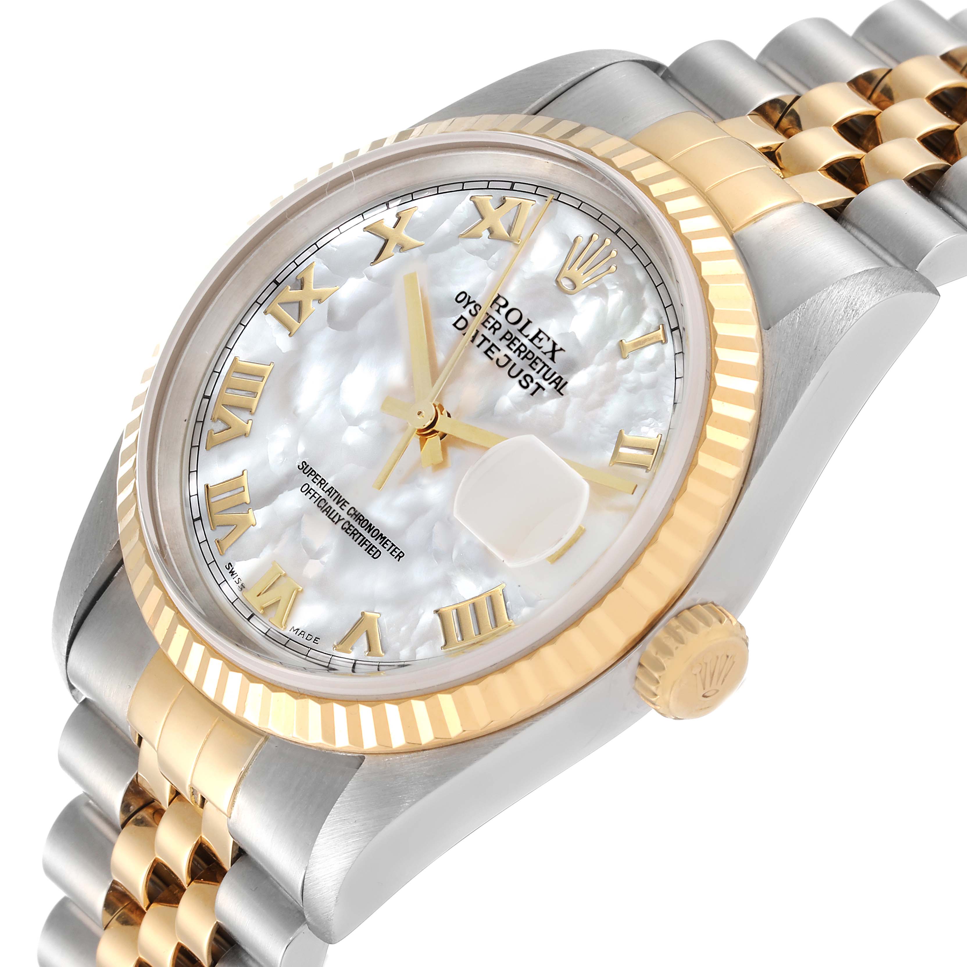 The Rolex Datejust 16233 Men's Steel and Gold (two tone) Mother of Pearl Dial 16233 Men's Steel and Gold (two tone) Mother of Pearl Dial watch is shown at an angle, highlighting the dial, case, crown, and part of the bracelet.