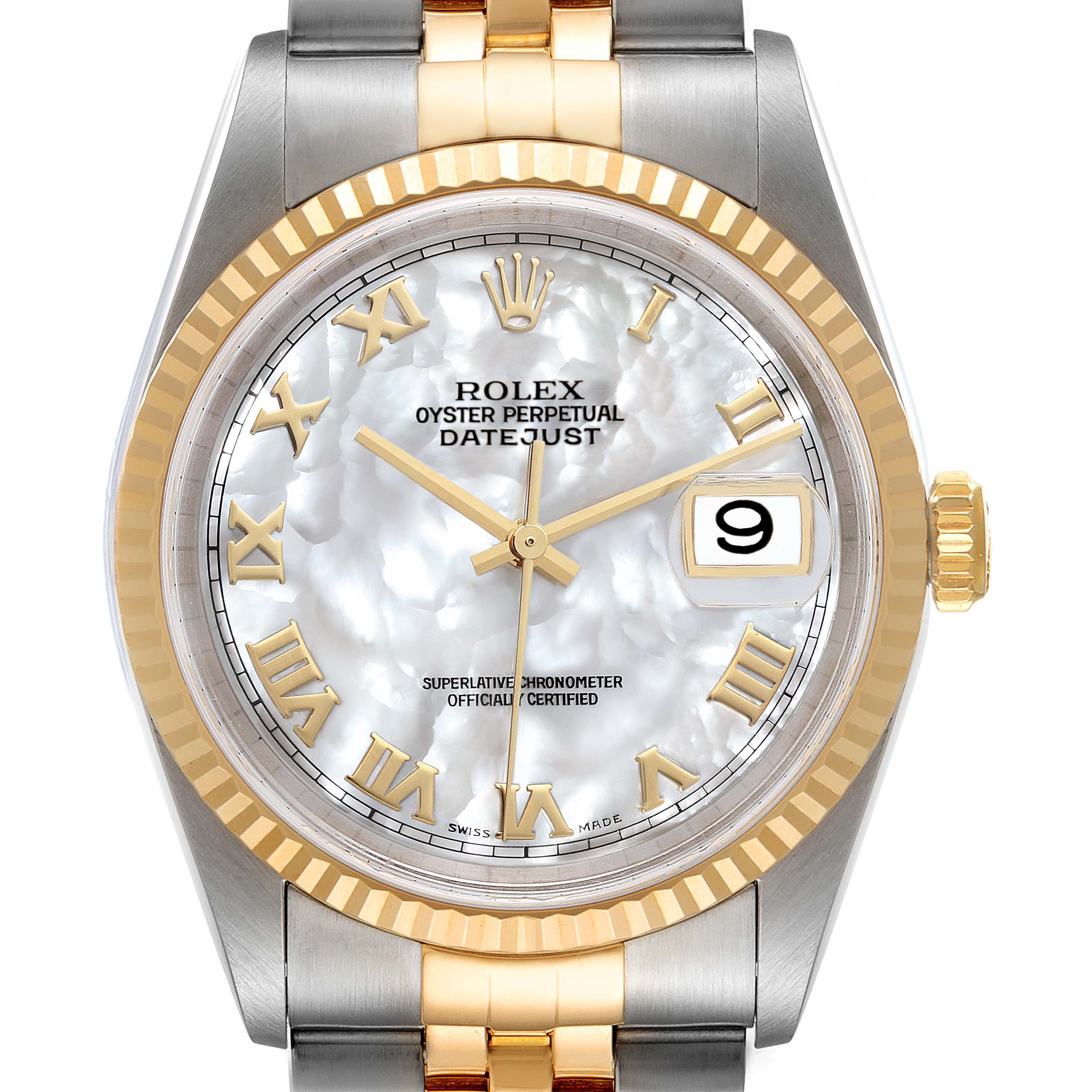 The image shows a frontal view of a Rolex Datejust 16233 Men's Steel and Gold (two tone) Mother of Pearl Dial 16233 Men's Steel and Gold (two tone) Mother of Pearl Dial watch, displaying the dial, Roman numerals, and date magnifier.
