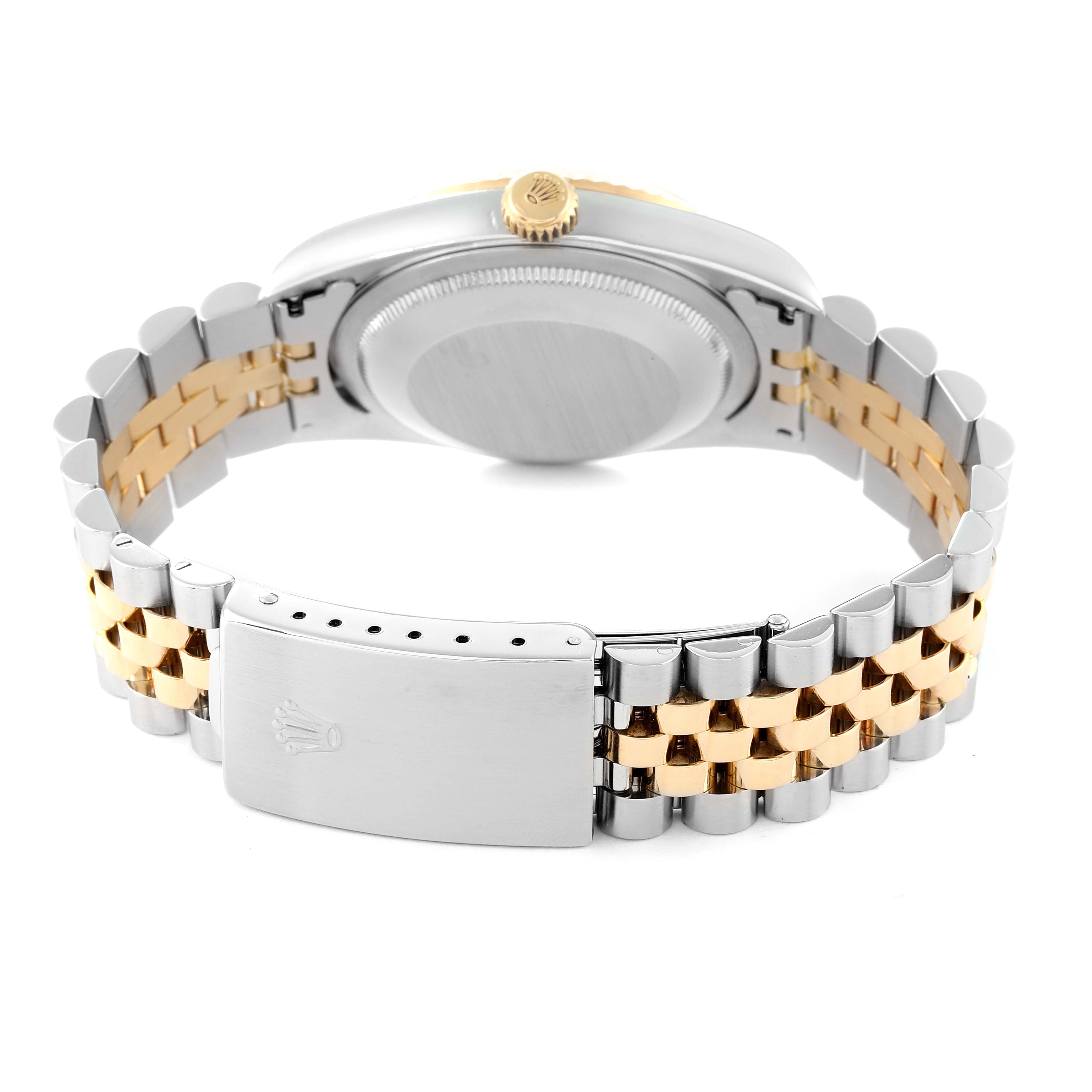 This image shows the back view of the Rolex Datejust 16233 Men's Steel and Gold (two tone) Mother of Pearl Dial 16233 Men's Steel and Gold (two tone) Mother of Pearl Dial watch with its case back, crown, and two-tone Jubilee bracelet.