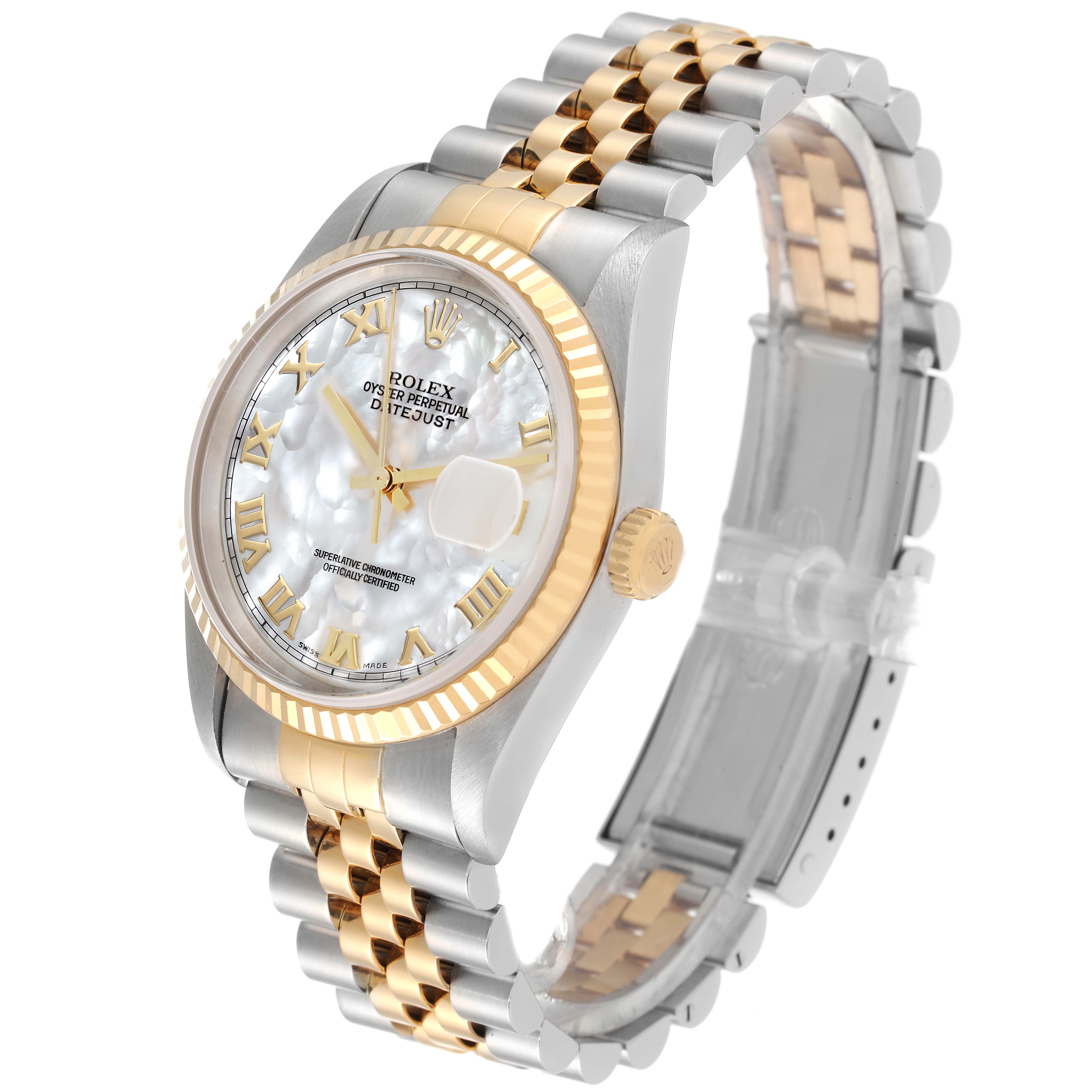 The image shows a Rolex Datejust 16233 Men's Steel and Gold (two tone) Mother of Pearl Dial 16233 Men's Steel and Gold (two tone) Mother of Pearl Dial watch, angled to display its dial, fluted bezel, crown, and two-tone bracelet.