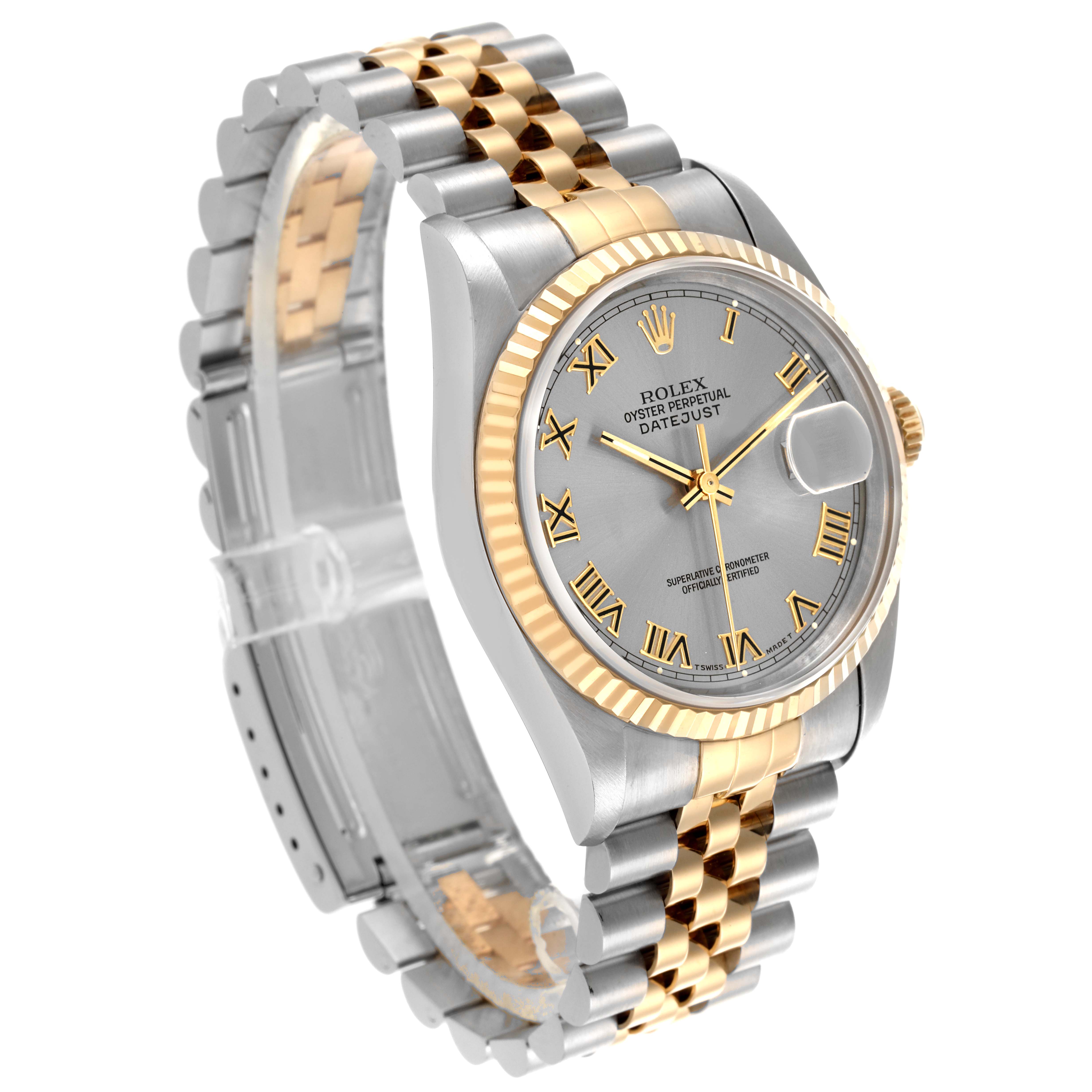 The Rolex Datejust 16233 Men's Steel and Gold (two tone) Grey Dial 16233 Men's Steel and Gold (two tone) Grey Dial watch is shown at a three-quarter angle, displaying the face, two-tone bracelet, and fluted bezel.