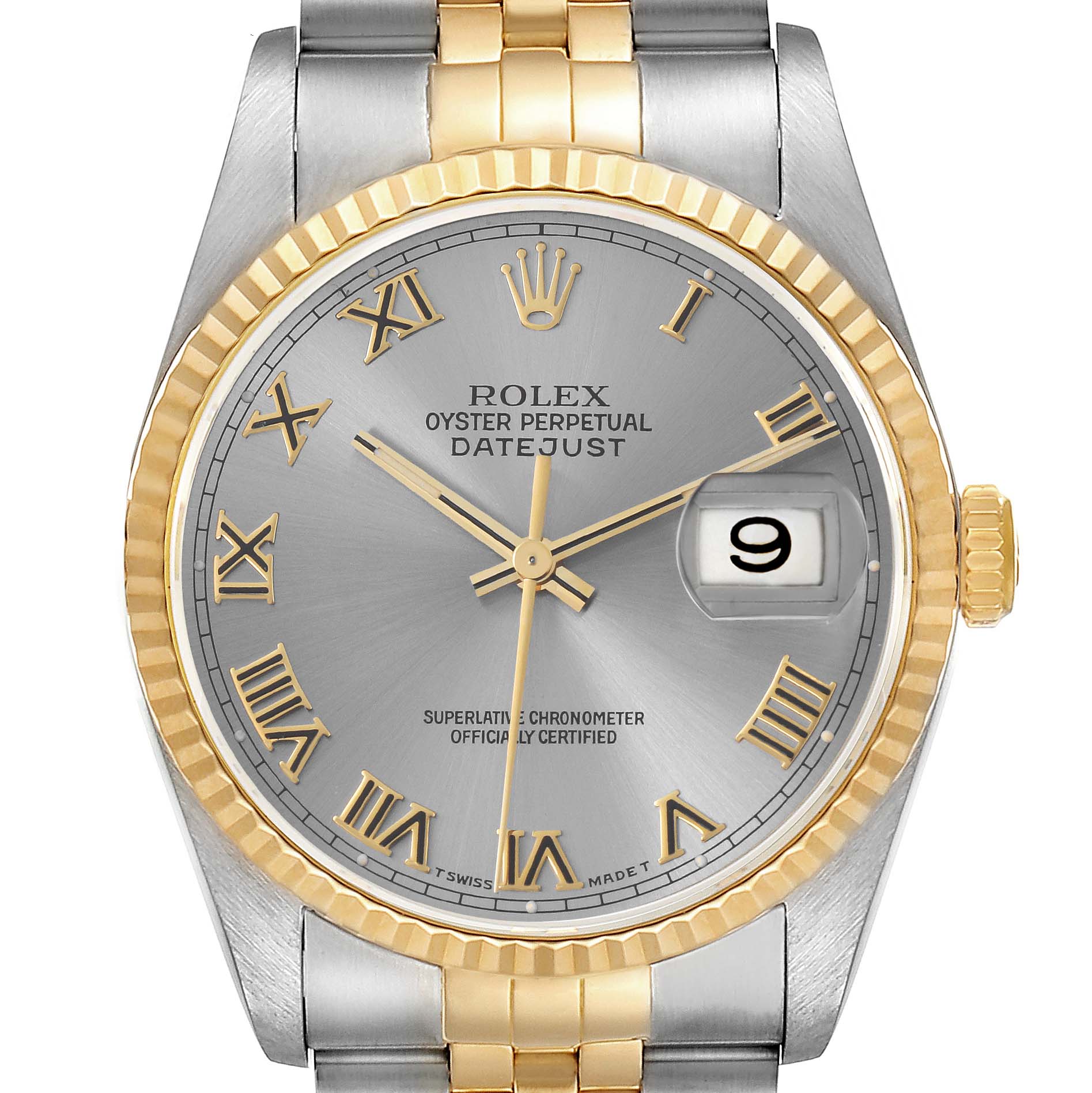The image shows a front view of the Rolex Datejust 16233 Men's Steel and Gold (two tone) Grey Dial 16233 Men's Steel and Gold (two tone) Grey Dial watch, featuring the dial, Roman numerals, bezel, and part of the bracelet.