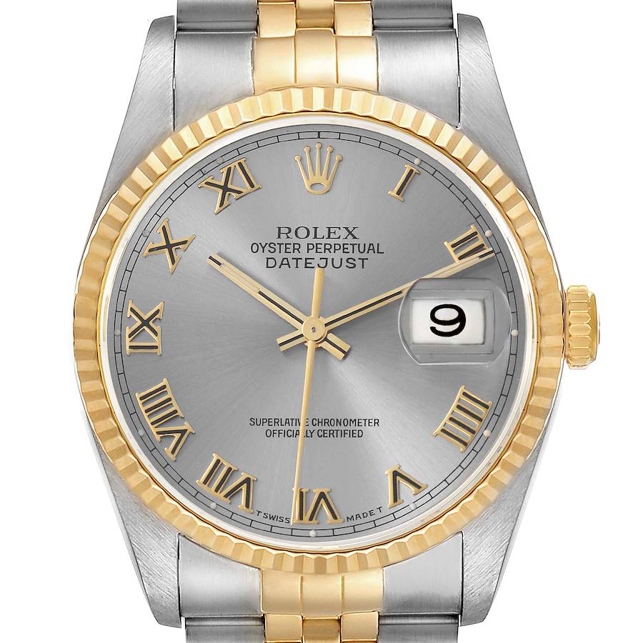 The image shows a front view of the Rolex Datejust watch, featuring the dial, Roman numerals, bezel, and part of the bracelet.