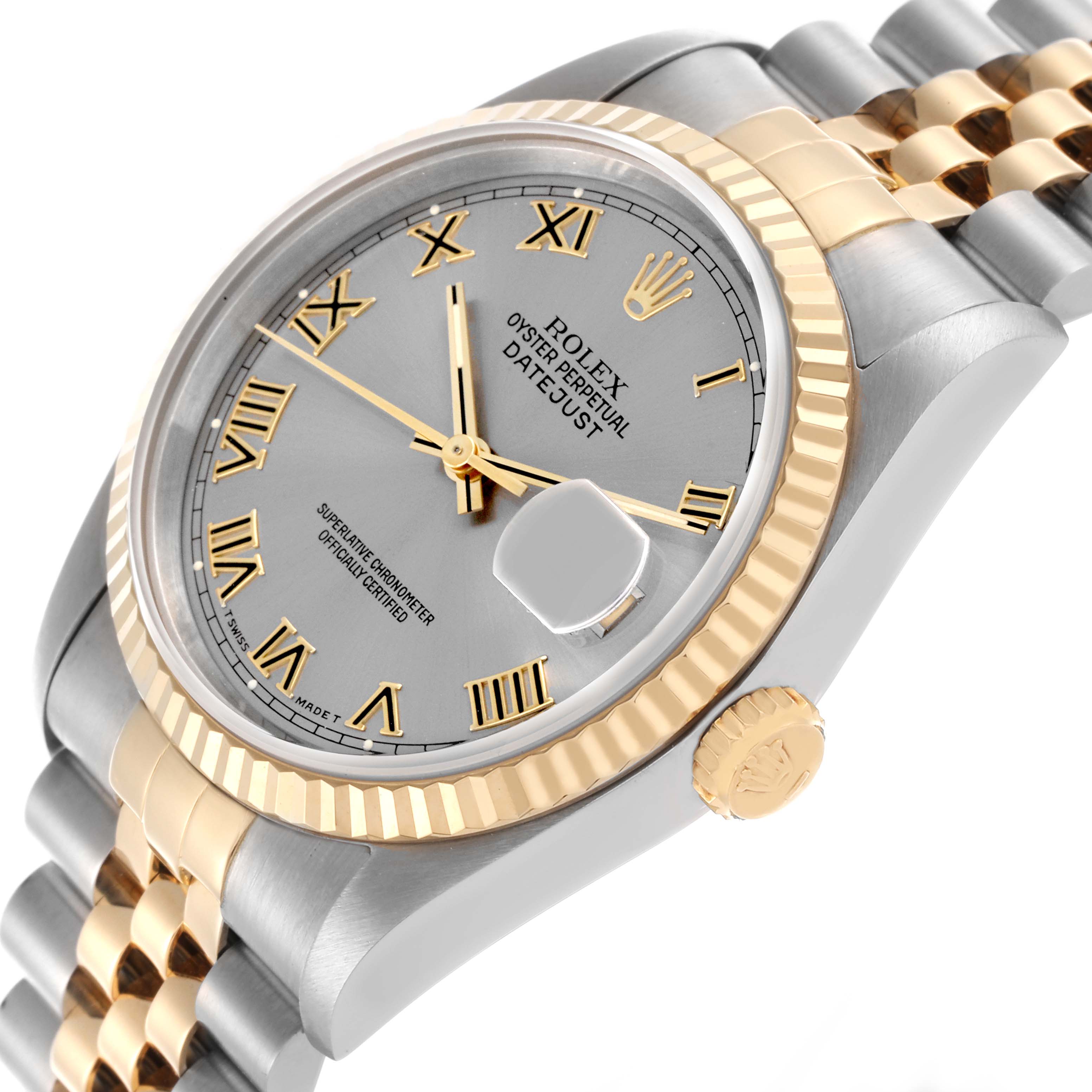 The Rolex Datejust 16233 Men's Steel and Gold (two tone) Grey Dial 16233 Men's Steel and Gold (two tone) Grey Dial watch is shown from a tilted angle, displaying the face, bezel, crown, and part of the bracelet.