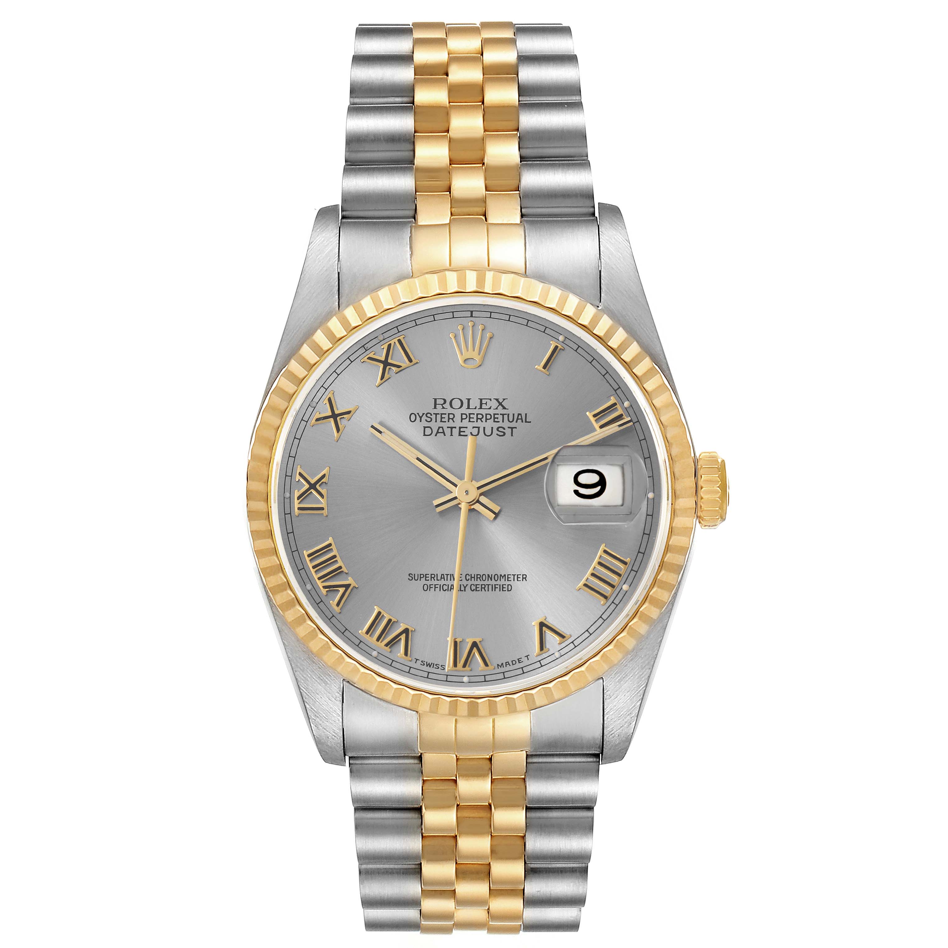 The Rolex Datejust 16233 Men's Steel and Gold (two tone) Grey Dial 16233 Men's Steel and Gold (two tone) Grey Dial watch is shown from the front, displaying its dial, bezel, and bracelet.