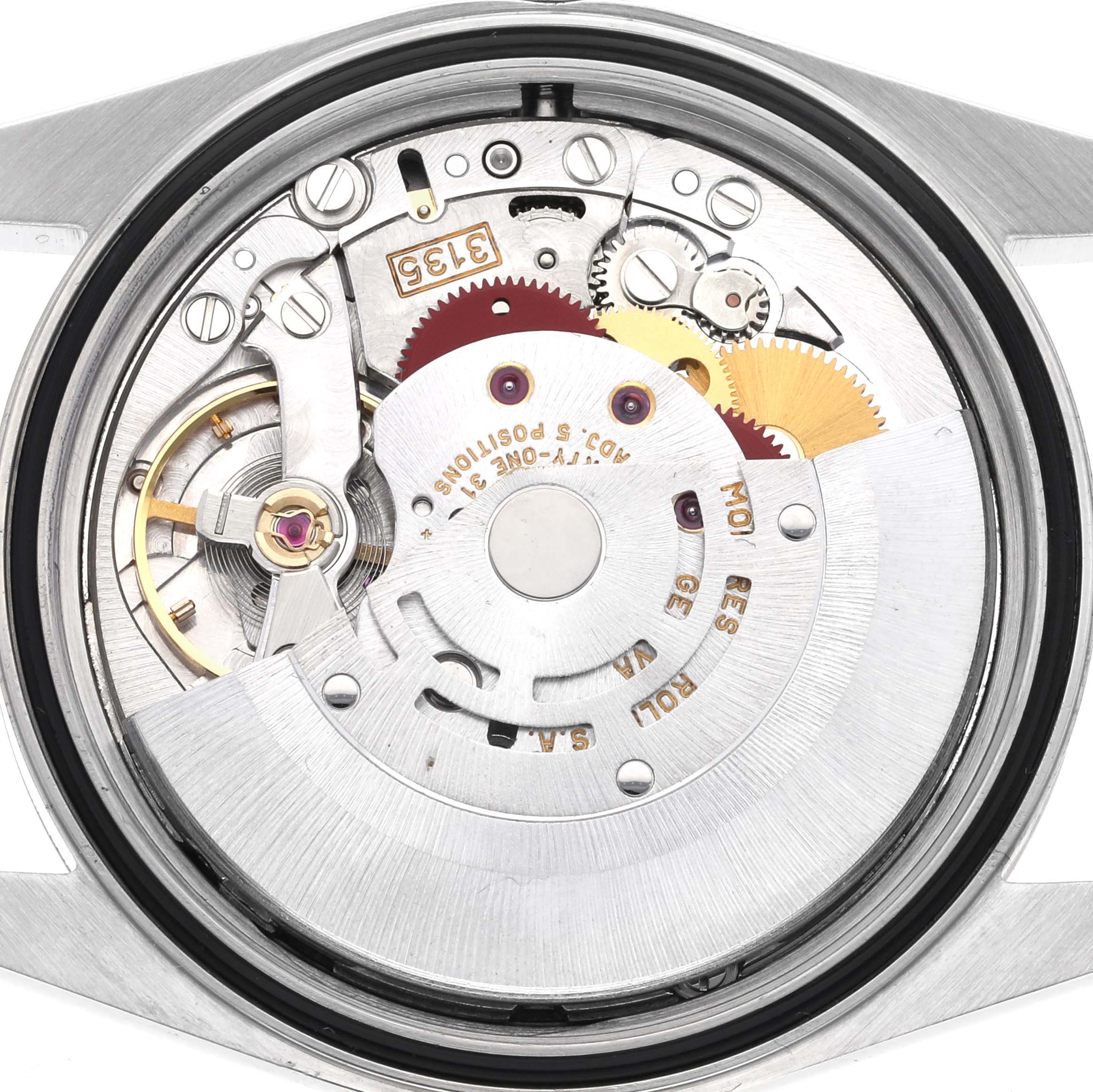 The image shows the movement mechanism of a Rolex Datejust 16233 Men's Steel and Gold (two tone) Grey Dial 16233 Men's Steel and Gold (two tone) Grey Dial watch from a top-down angle.