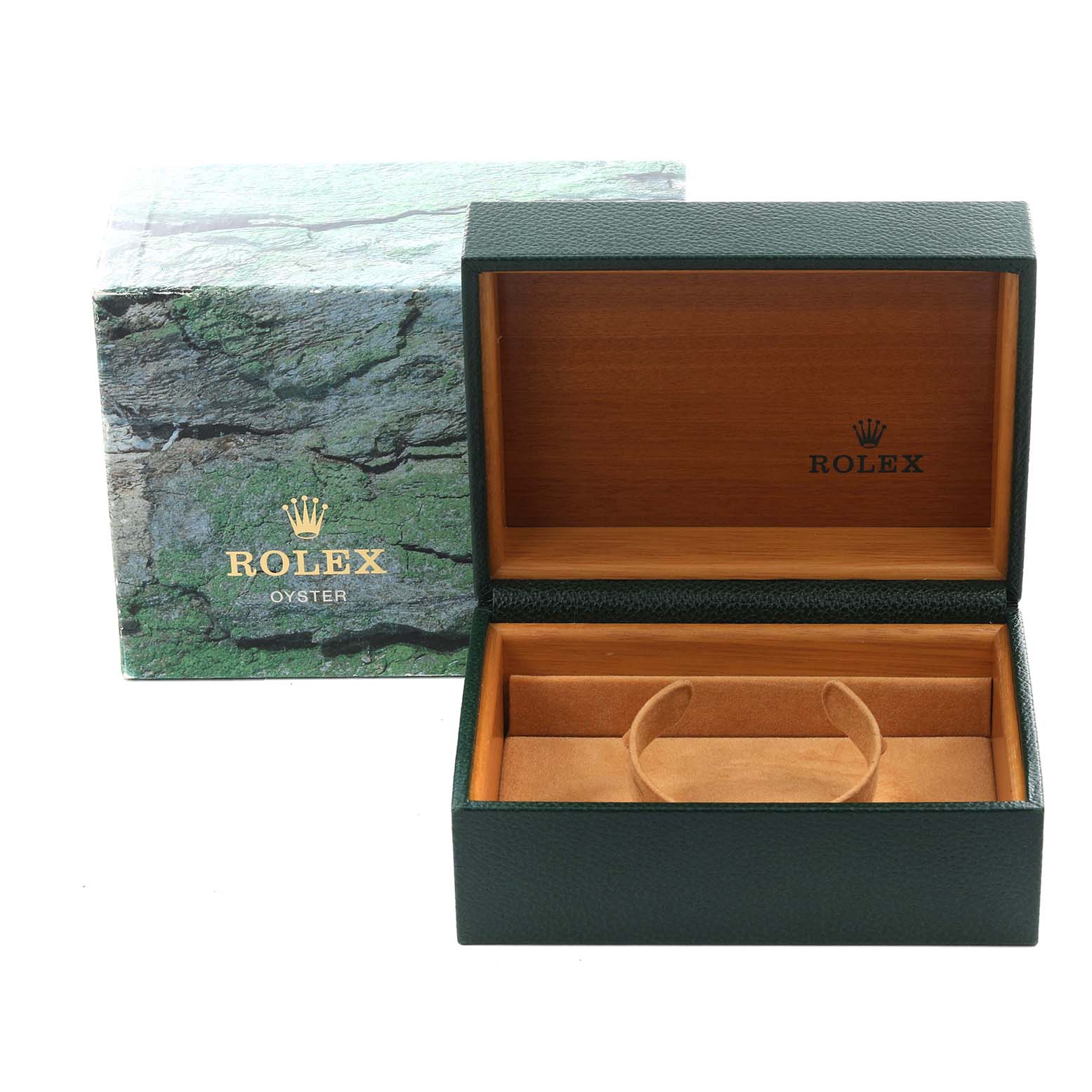 The image shows an open Rolex Datejust 16233 Men's Steel and Gold (two tone) Grey Dial 16233 Men's Steel and Gold (two tone) Grey Dial box with a green exterior, wooden interior, and velvet watch holder.