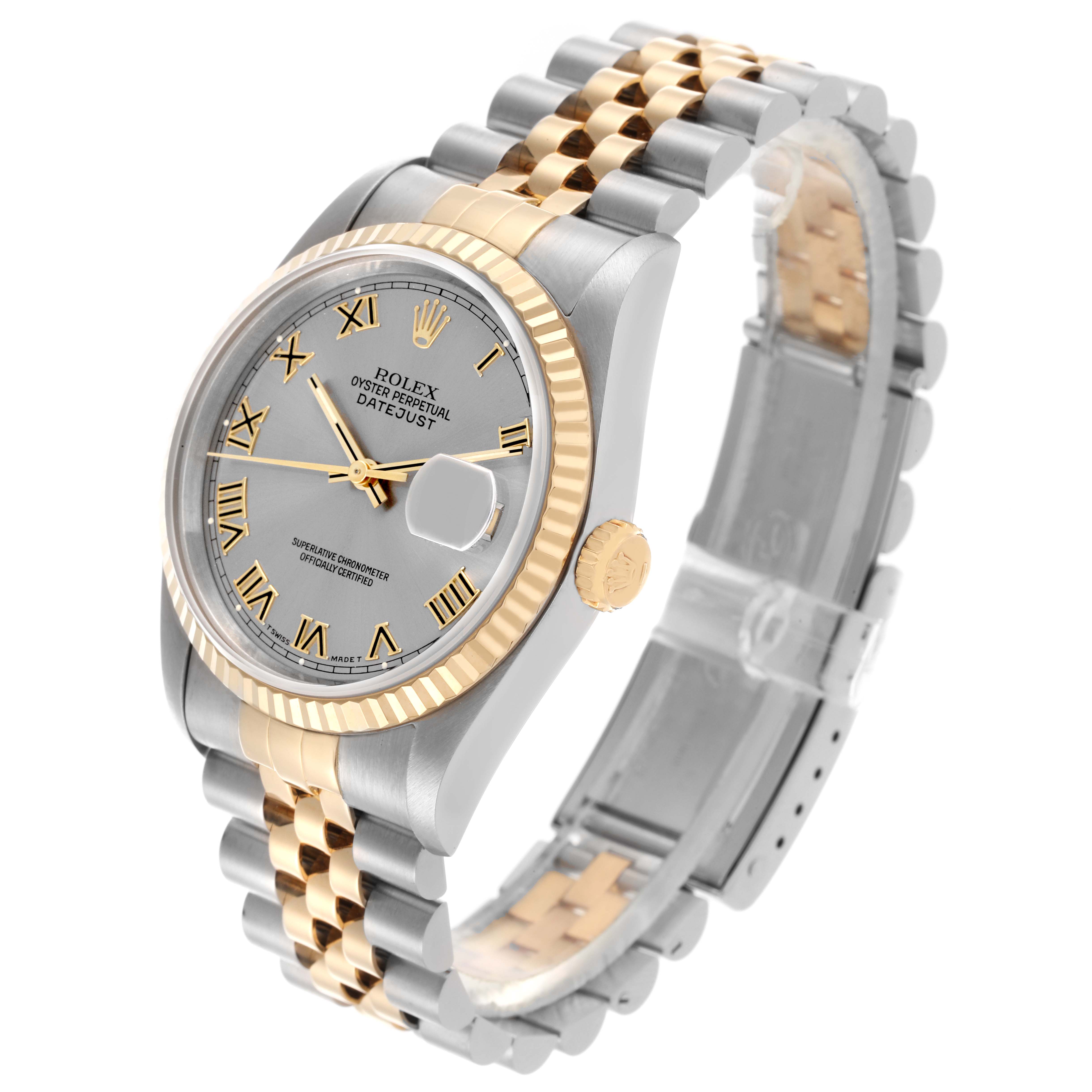 The Rolex Datejust 16233 Men's Steel and Gold (two tone) Grey Dial 16233 Men's Steel and Gold (two tone) Grey Dial watch is shown at an angle displaying the face, bracelet, and fluted bezel.