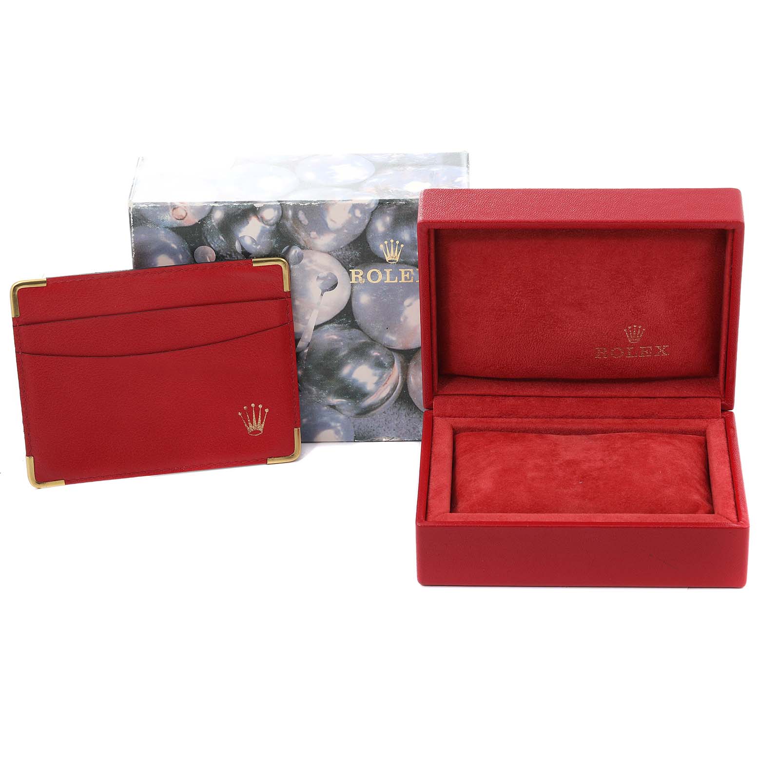 The image shows a red Rolex Datejust 69173 Women's Steel and Gold (two tone) White Dial 69173 Women's Steel and Gold (two tone) White Dial watch box with a matching card holder and outer packaging.