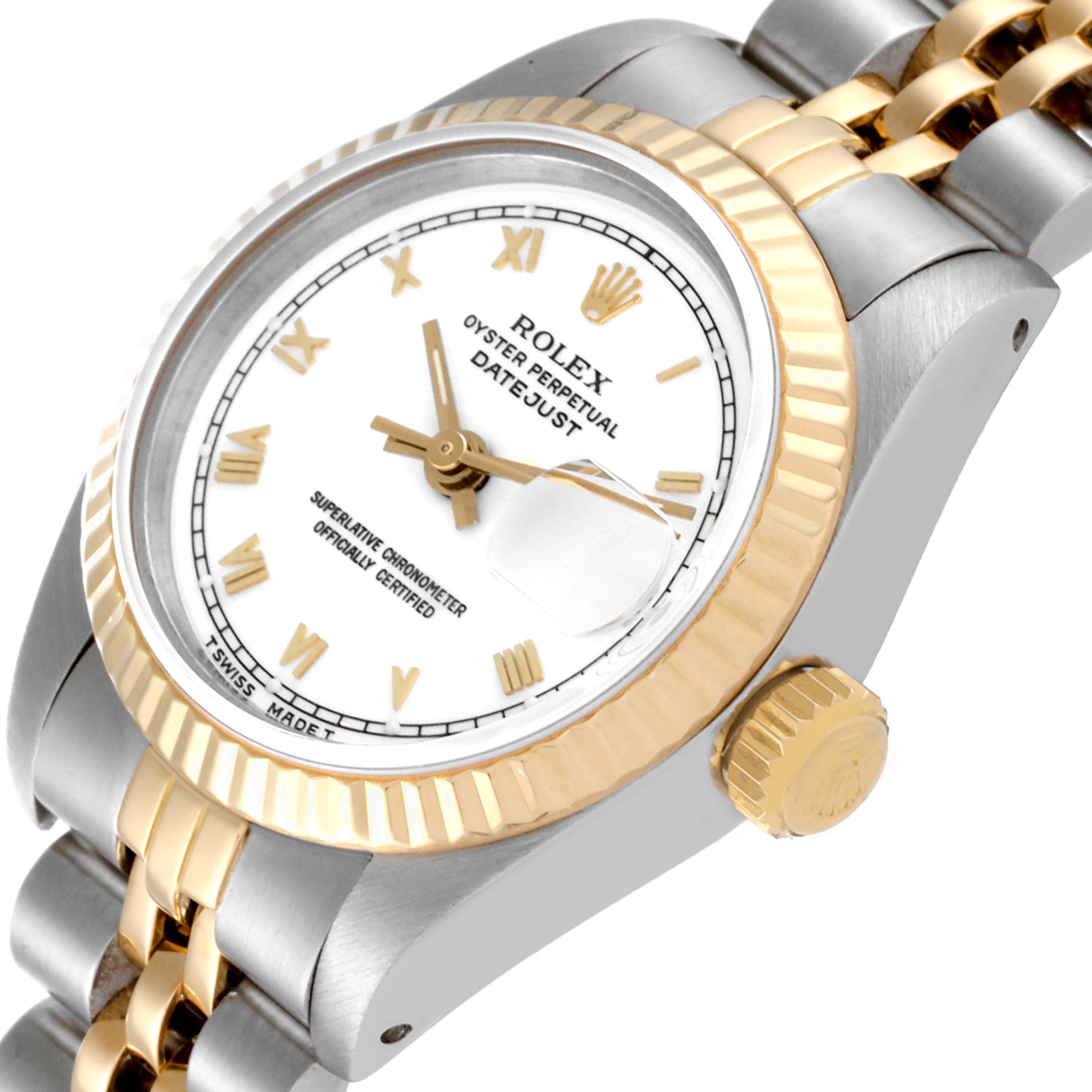 The image shows a close-up of a Rolex Datejust 69173 Women's Steel and Gold (two tone) White Dial 69173 Women's Steel and Gold (two tone) White Dial watch from an angled side view, highlighting its dial, bezel, crown, and part of the bracelet.