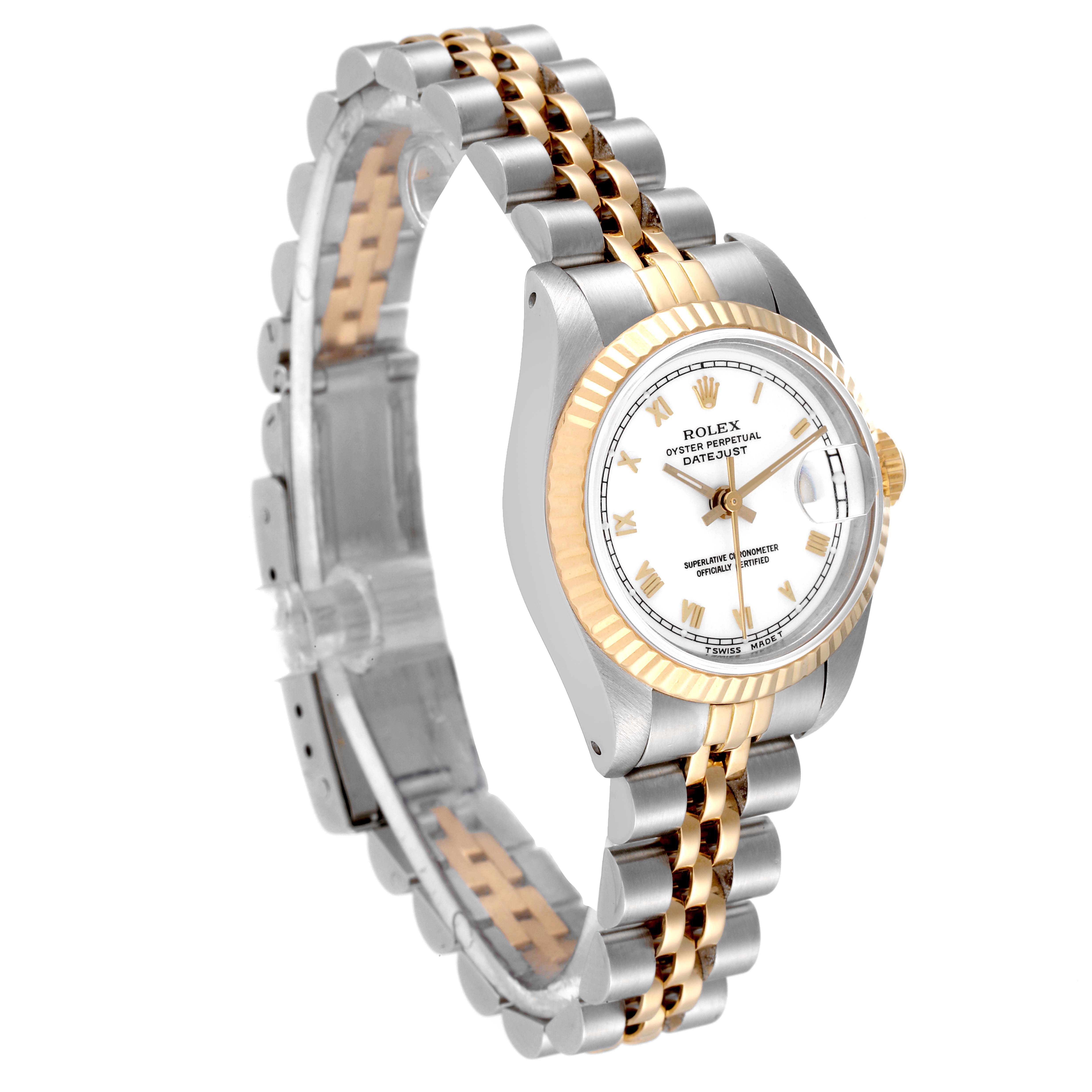 This image shows a Rolex Datejust 69173 Women's Steel and Gold (two tone) White Dial 69173 Women's Steel and Gold (two tone) White Dial watch at a slight angle, highlighting the face, bezel, and two-tone bracelet.
