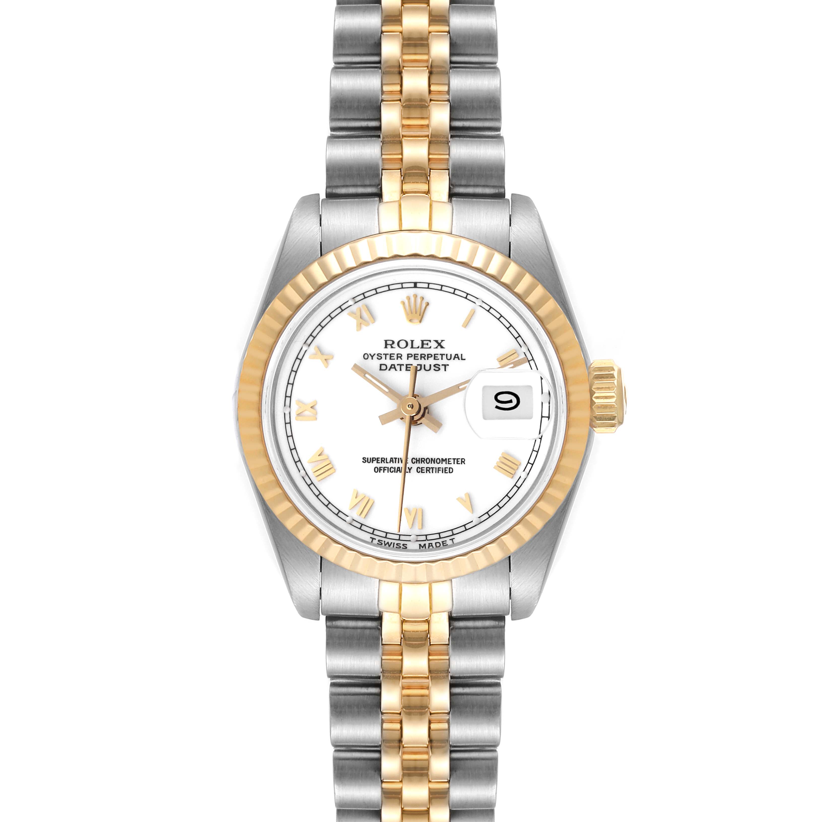 This image shows a Rolex Datejust 69173 Women's Steel and Gold (two tone) White Dial 69173 Women's Steel and Gold (two tone) White Dial watch from the front, featuring its dial, bezel, hands, date window, and bracelet.