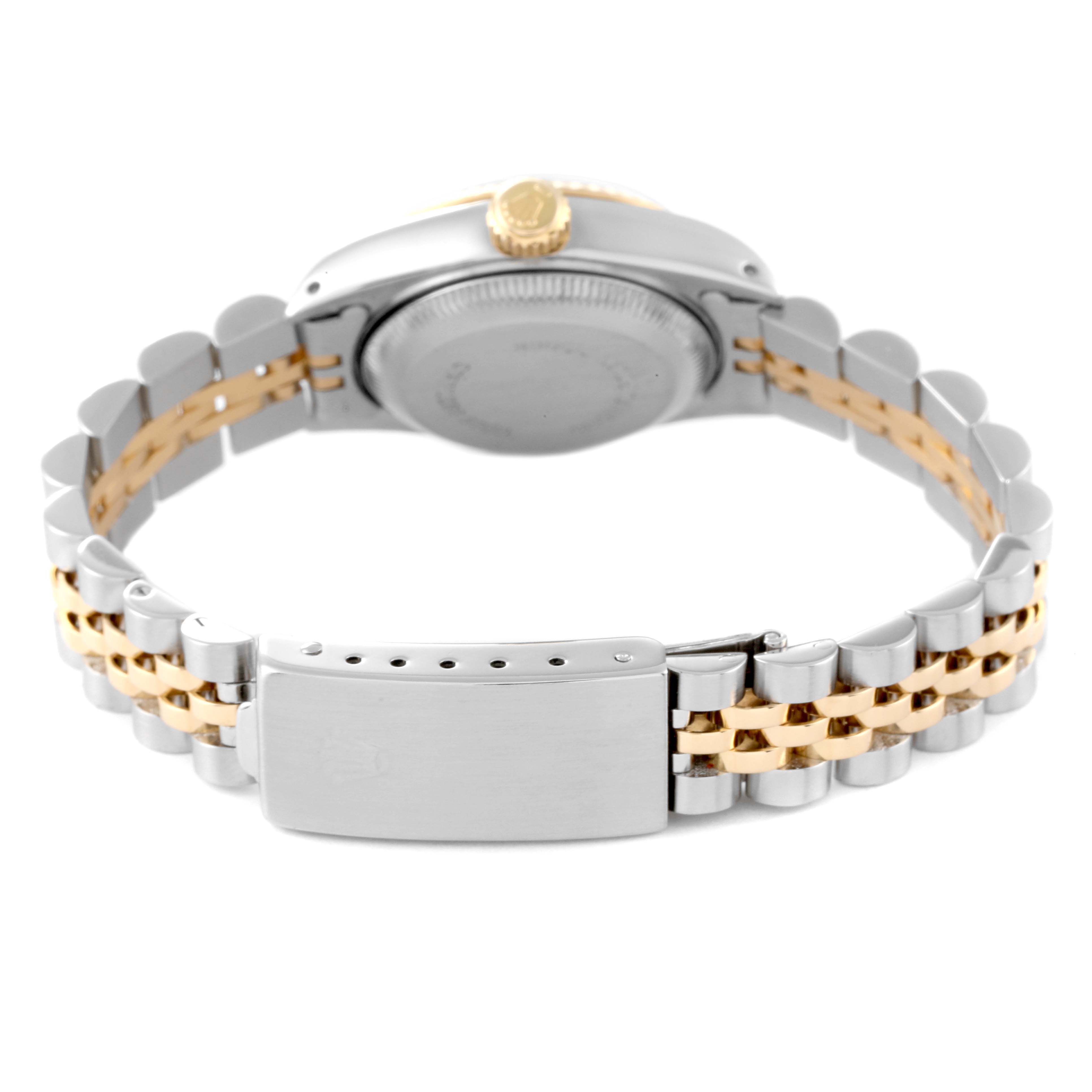 The image shows a Rolex Datejust 69173 Women's Steel and Gold (two tone) White Dial 69173 Women's Steel and Gold (two tone) White Dial watch from the back, highlighting the clasp, bracelet, case, and crown.
