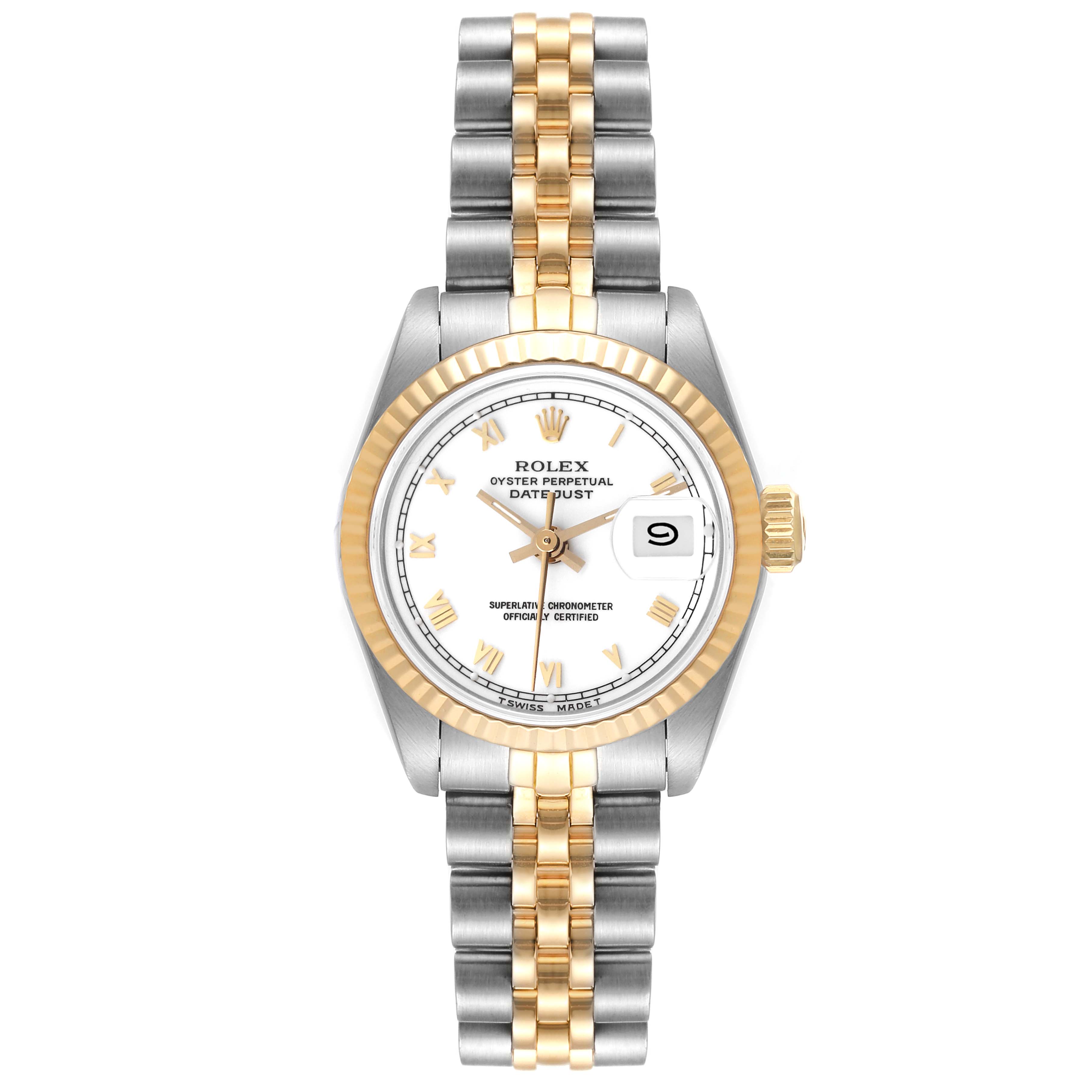 The Rolex Datejust 69173 Women's Steel and Gold (two tone) White Dial 69173 Women's Steel and Gold (two tone) White Dial watch is shown from the front, displaying the face, bezel, crown, and bracelet.