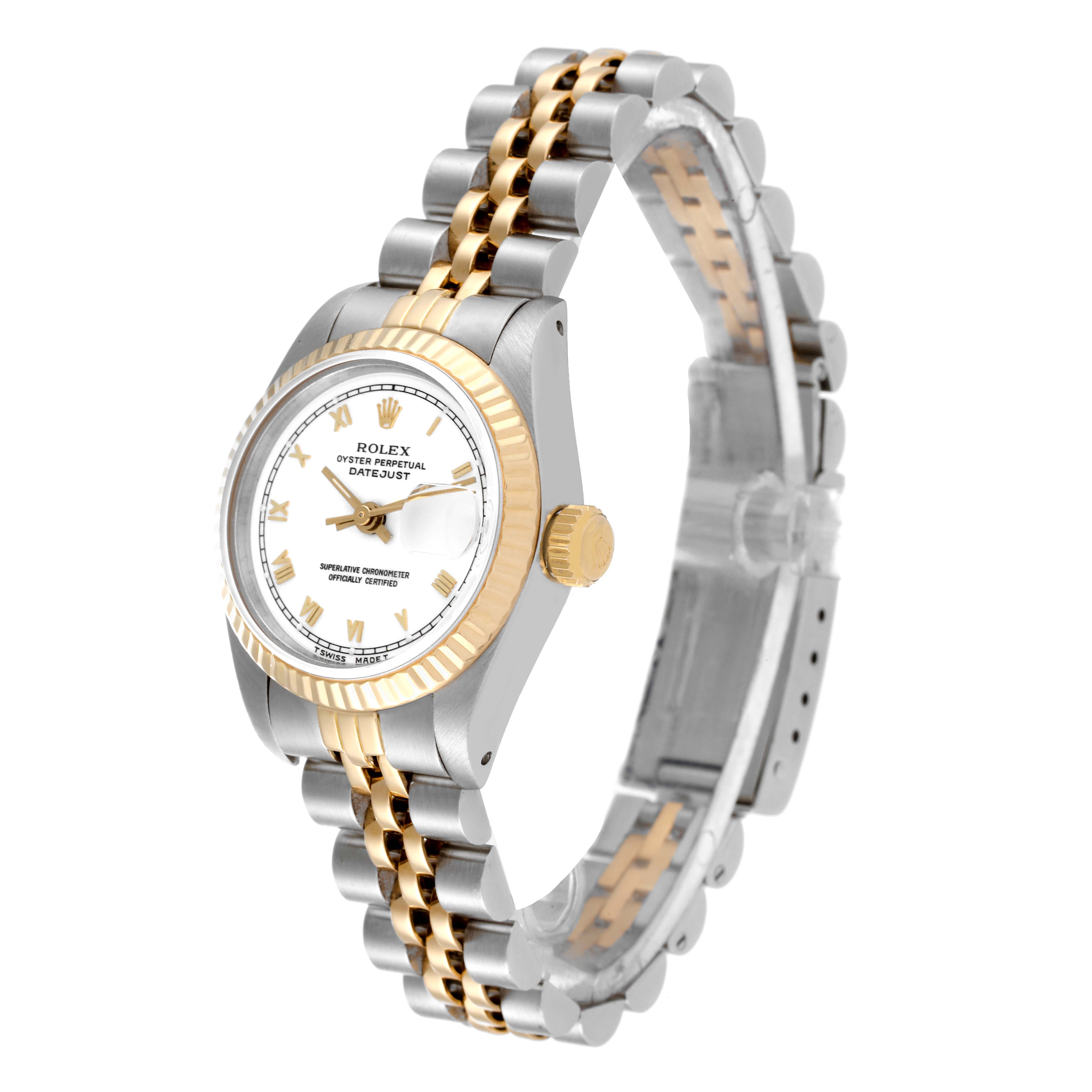 The image shows a Rolex Datejust 69173 Women's Steel and Gold (two tone) White Dial 69173 Women's Steel and Gold (two tone) White Dial watch from an angled side view, highlighting the dial, bezel, and bracelet.