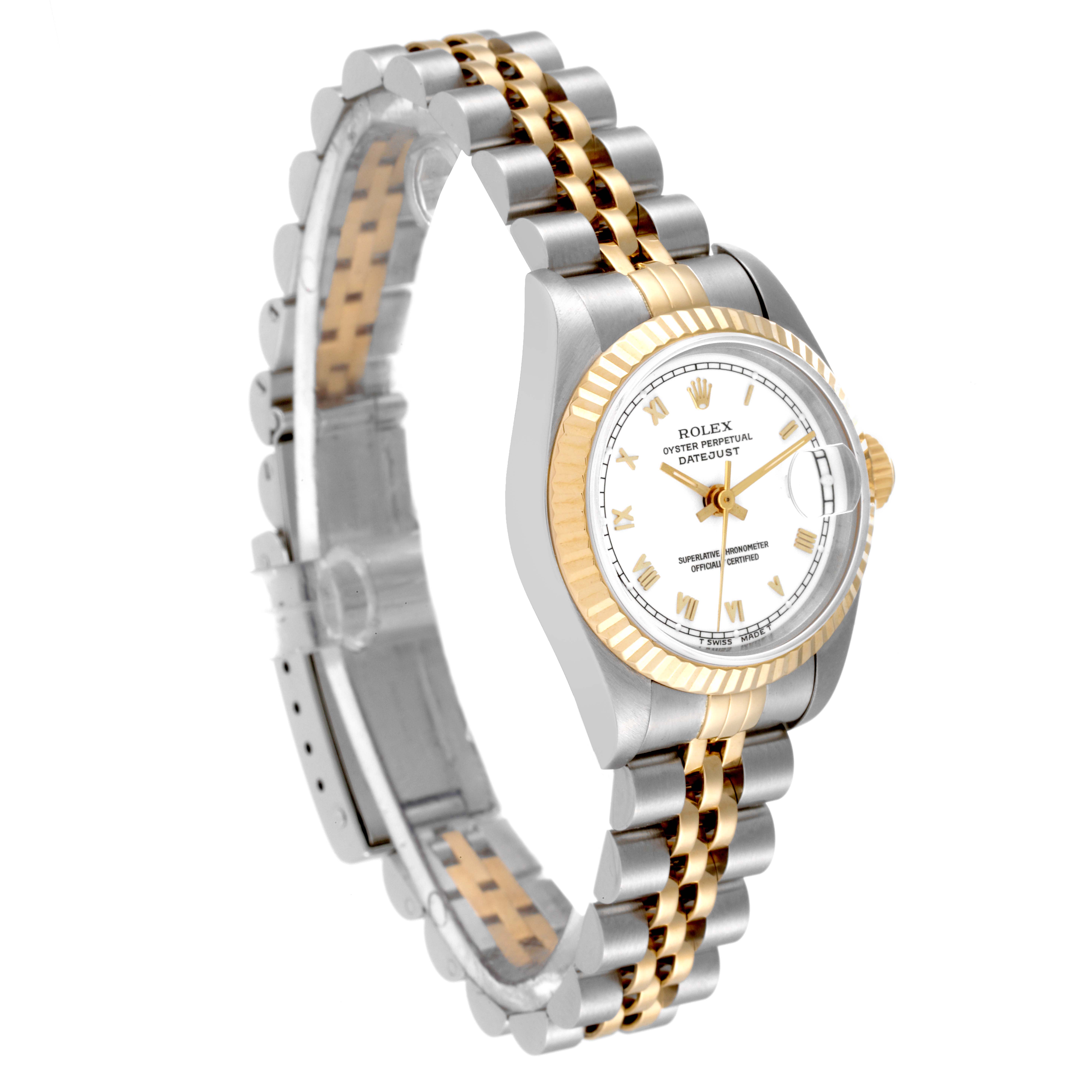 This image shows a Rolex Datejust 69173 Women's Steel and Gold (two tone) White Dial 69173 Women's Steel and Gold (two tone) White Dial watch angled to display its fluted bezel and two-tone bracelet with a white dial.