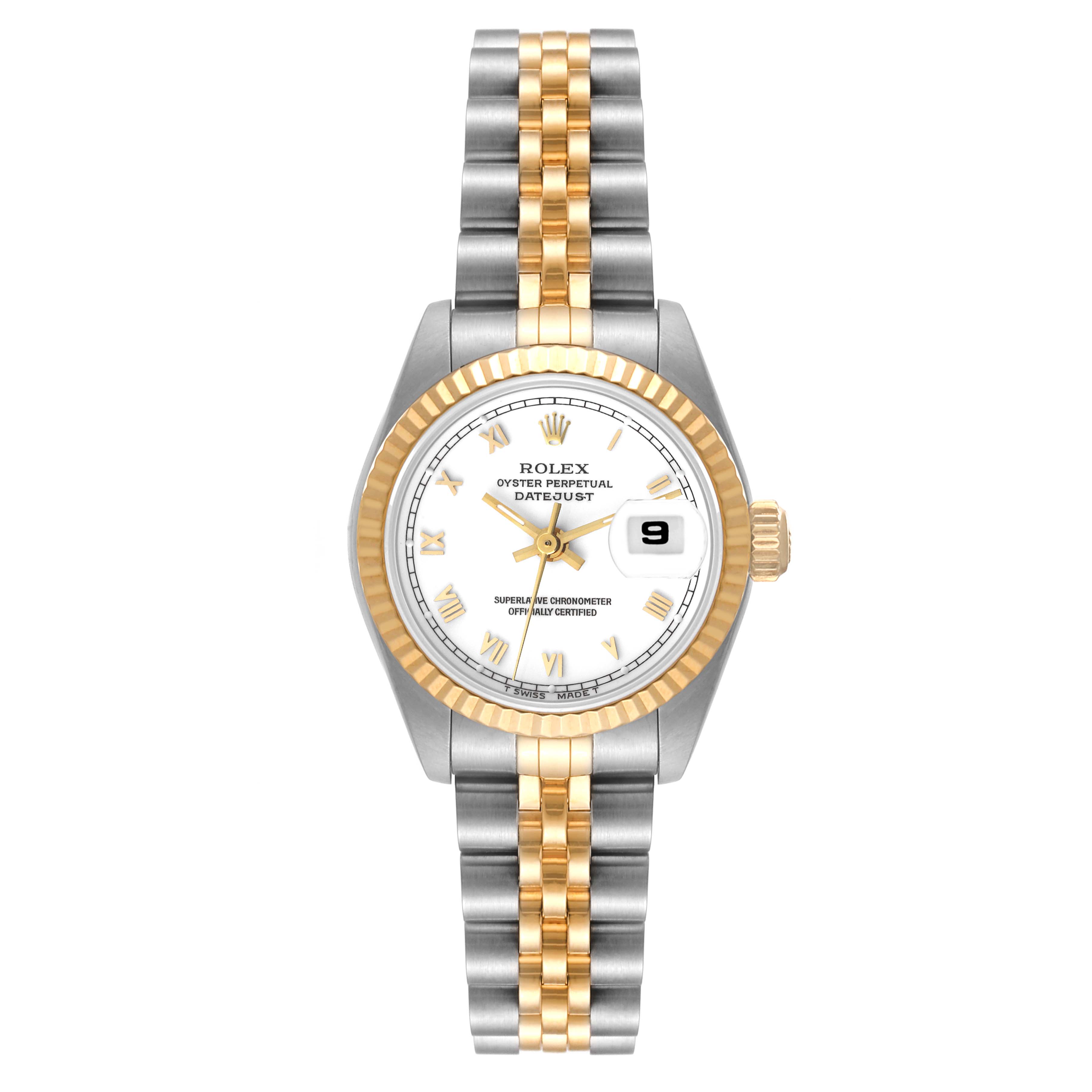 The image shows a frontal view of a Rolex Datejust 69173 Women's Steel and Gold (two tone) White Dial 69173 Women's Steel and Gold (two tone) White Dial watch, highlighting its two-tone bracelet, white dial, gold bezel, and date window.