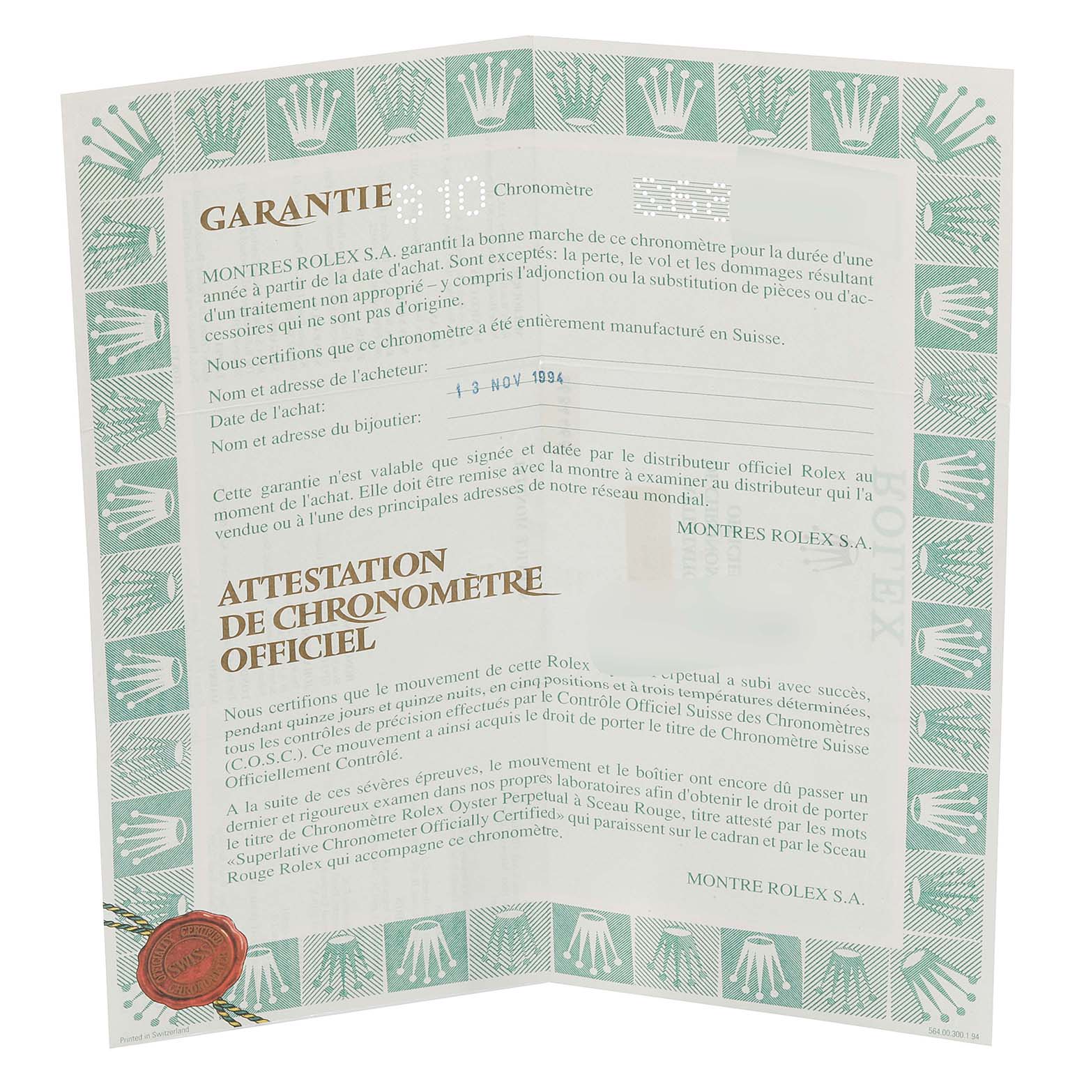 The image shows a warranty certificate for a Rolex Datejust 69173 Women's Steel and Gold (two tone) White Dial 69173 Women's Steel and Gold (two tone) White Dial watch.