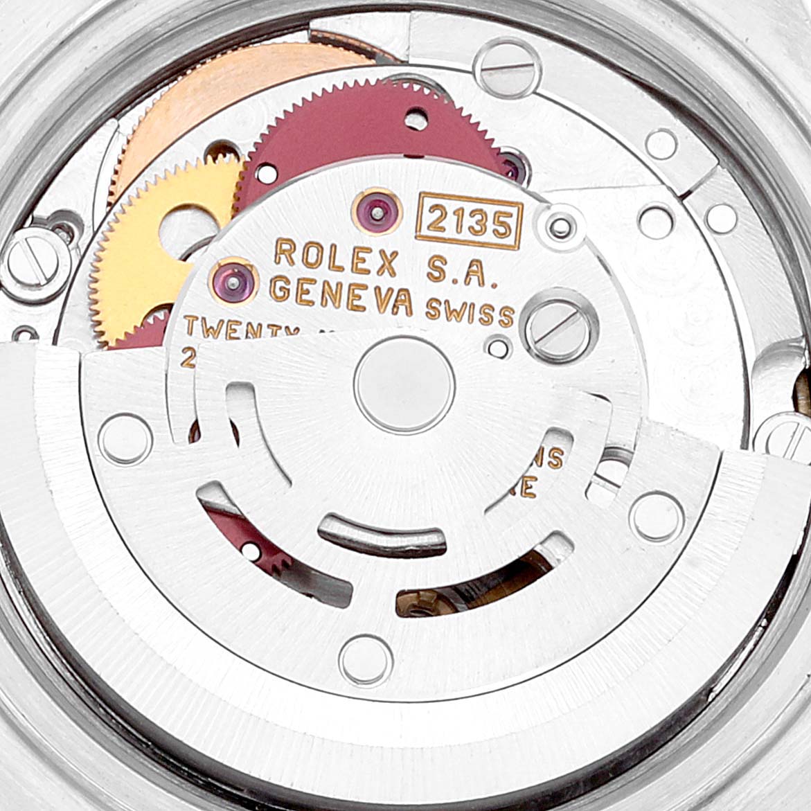 This is a close-up view of the internal mechanical movement of a Rolex Datejust 69173 Women's Steel and Gold (two tone) White Dial 69173 Women's Steel and Gold (two tone) White Dial watch.