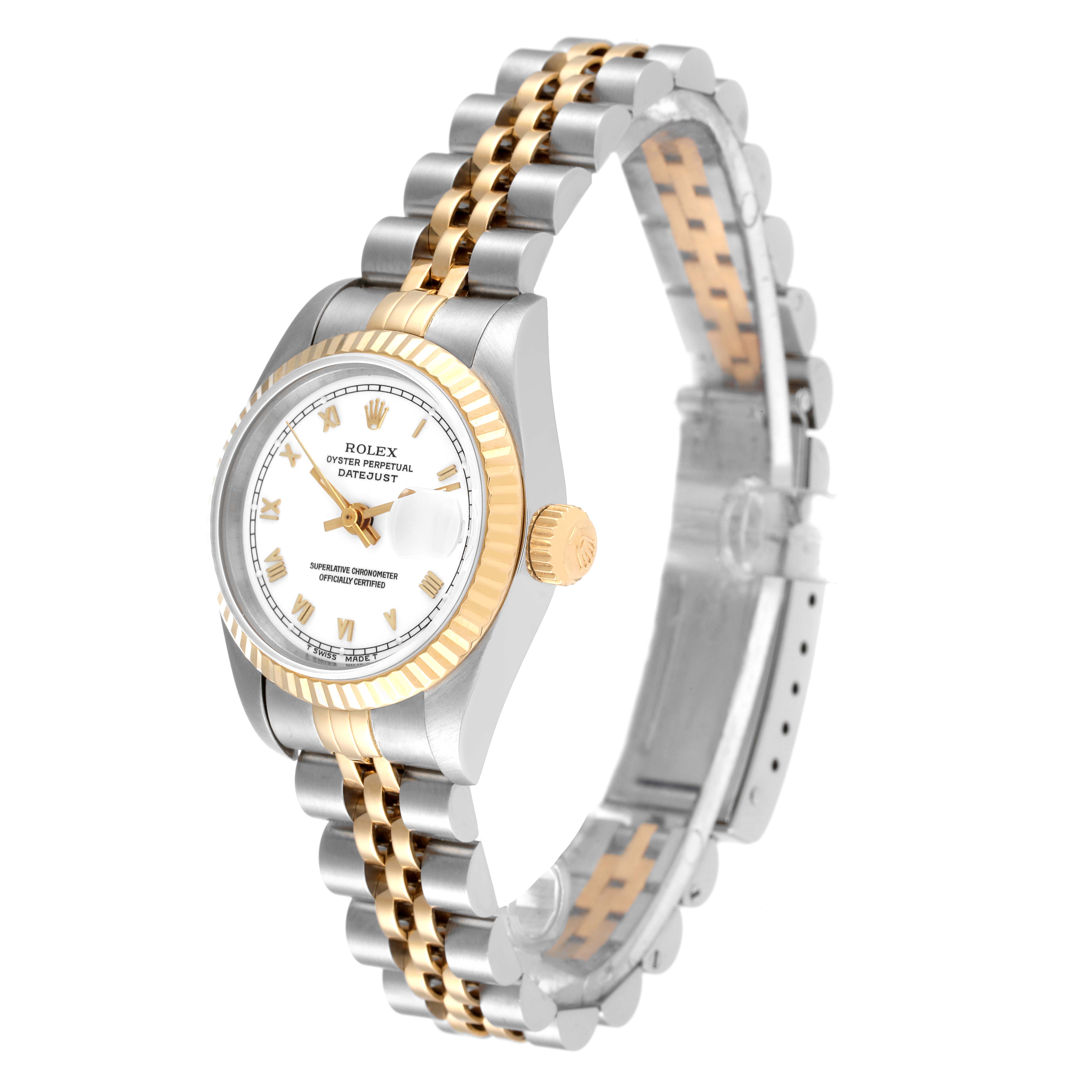 This image shows the Rolex Datejust 69173 Women's Steel and Gold (two tone) White Dial 69173 Women's Steel and Gold (two tone) White Dial watch from an angled side view, highlighting the bezel, dial, crown, and bracelet.