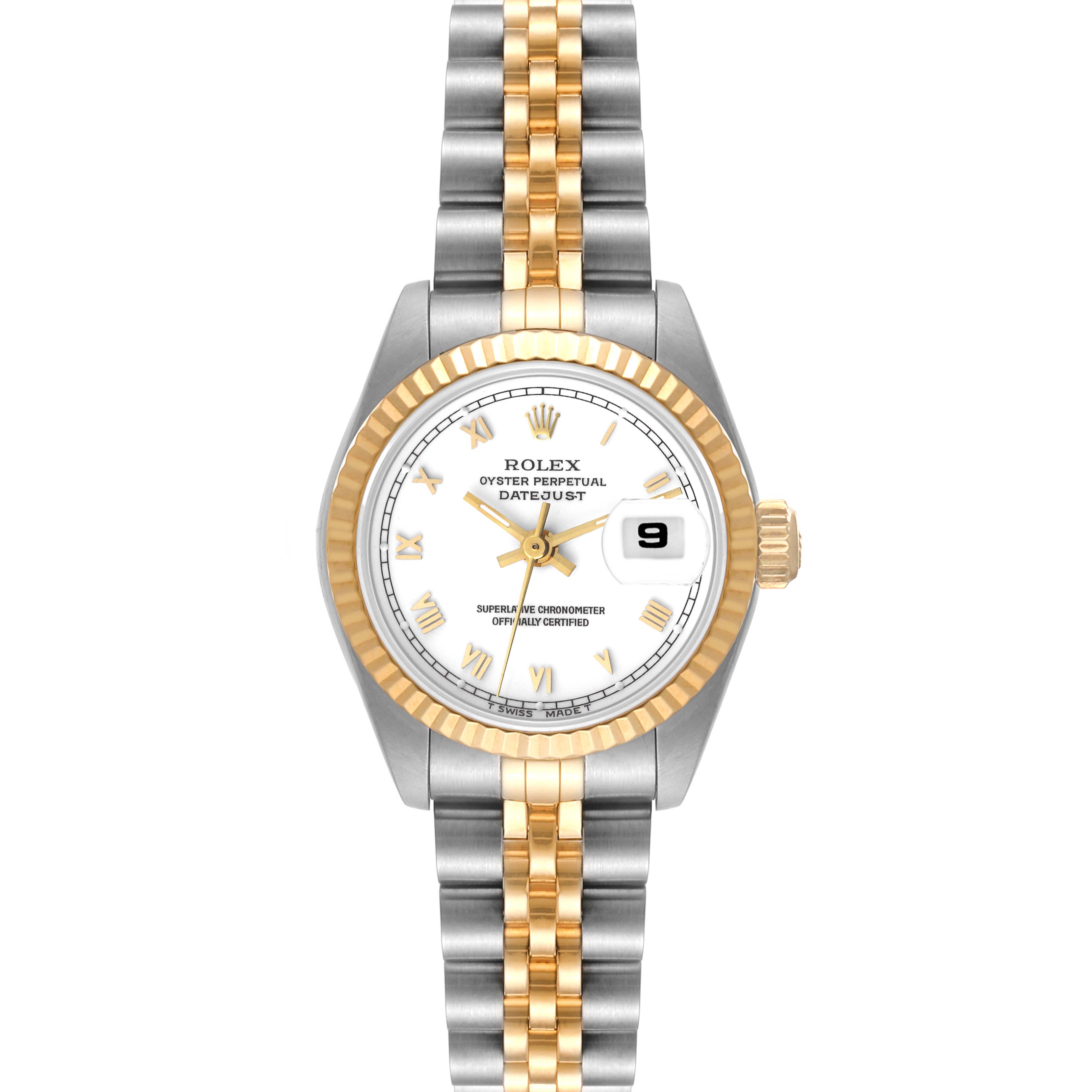 The image shows a front view of a Rolex Datejust 69173 Women's Steel and Gold (two tone) White Dial 69173 Women's Steel and Gold (two tone) White Dial watch, displaying the face, bezel, and bracelet.