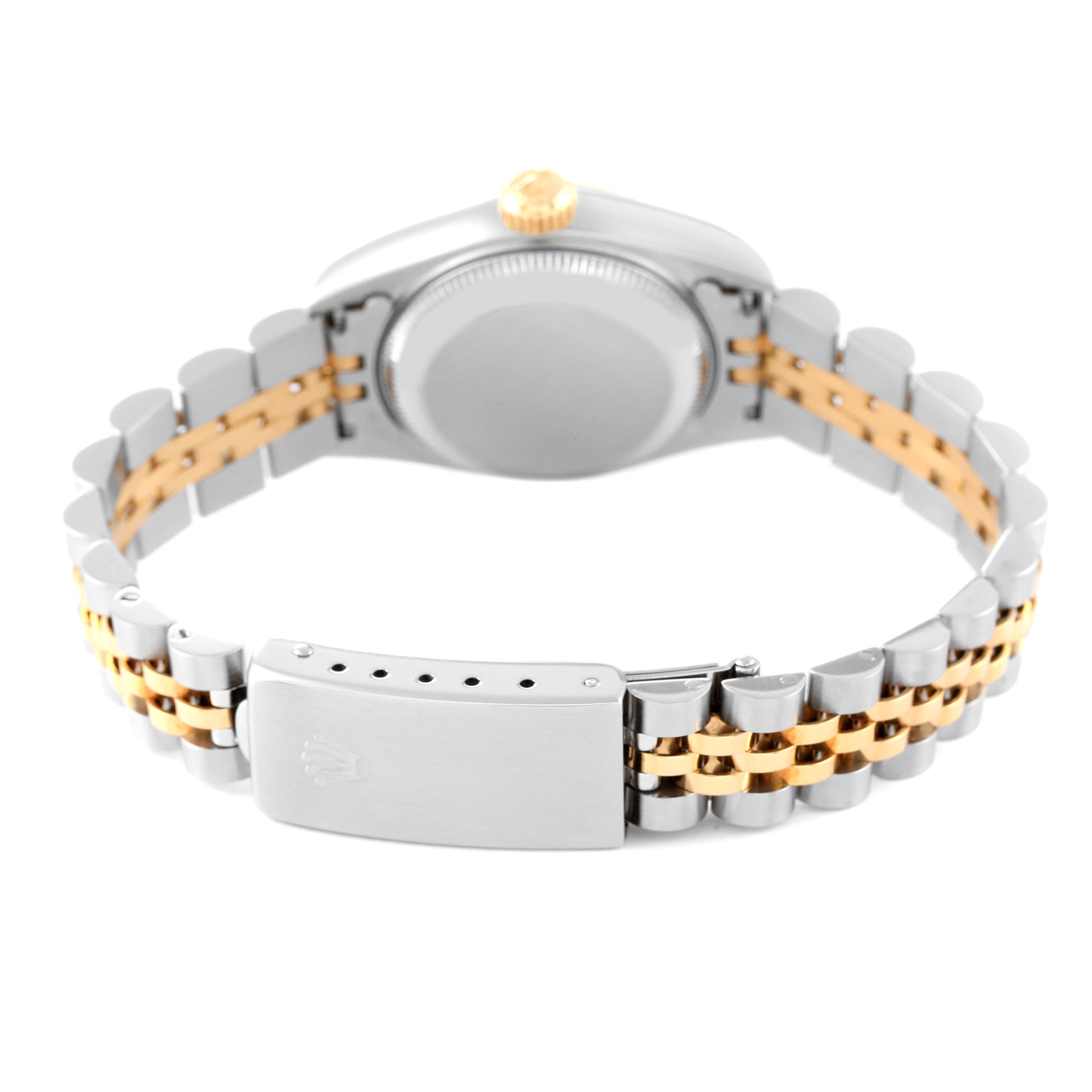This image shows the back of a Rolex Datejust 69173 Women's Steel and Gold (two tone) White Dial 69173 Women's Steel and Gold (two tone) White Dial watch, focusing on the bracelet and clasp.