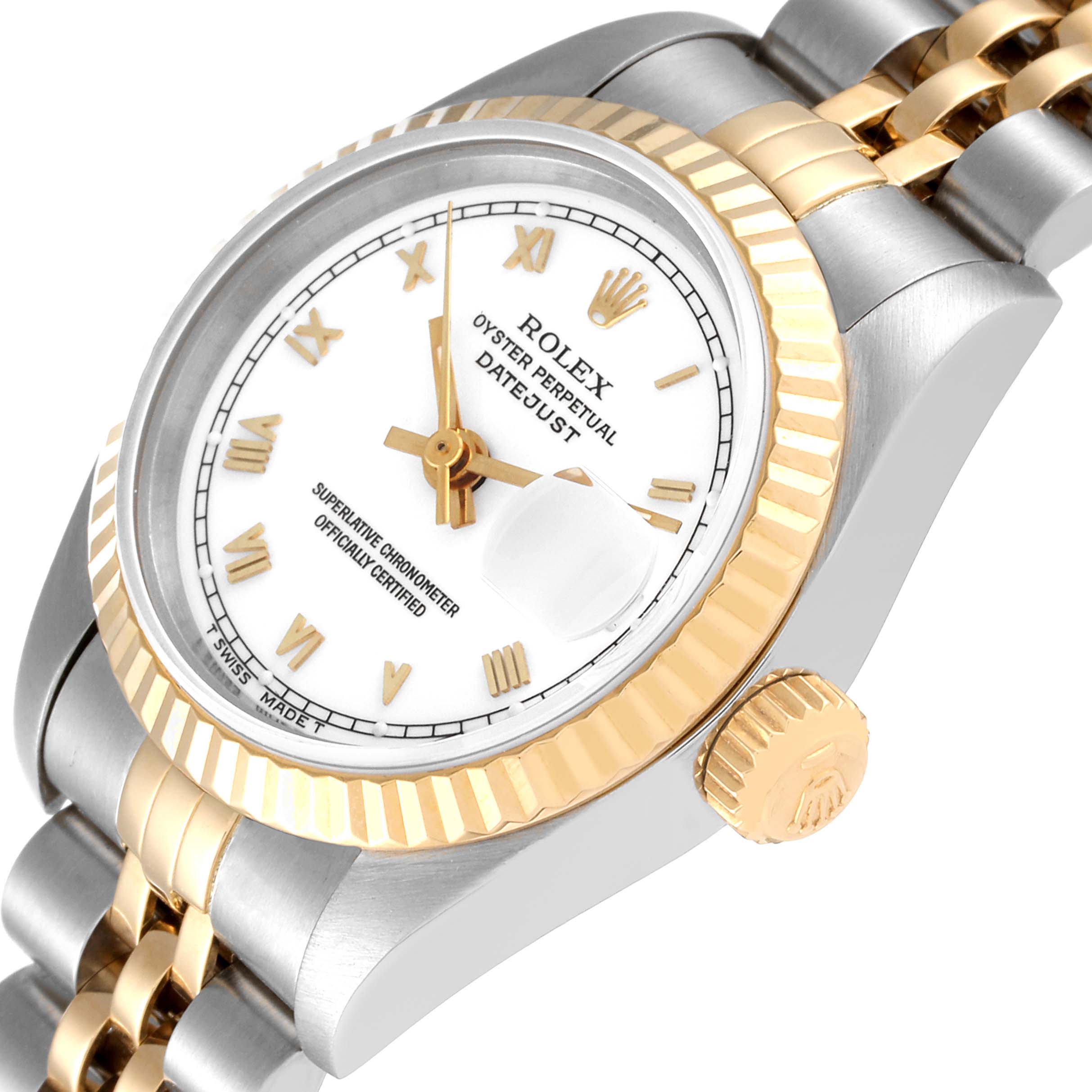 This image shows a close-up angled view of a Rolex Datejust 69173 Women's Steel and Gold (two tone) White Dial 69173 Women's Steel and Gold (two tone) White Dial watch, highlighting the white dial, Roman numerals, gold crown, and two-tone bracelet.