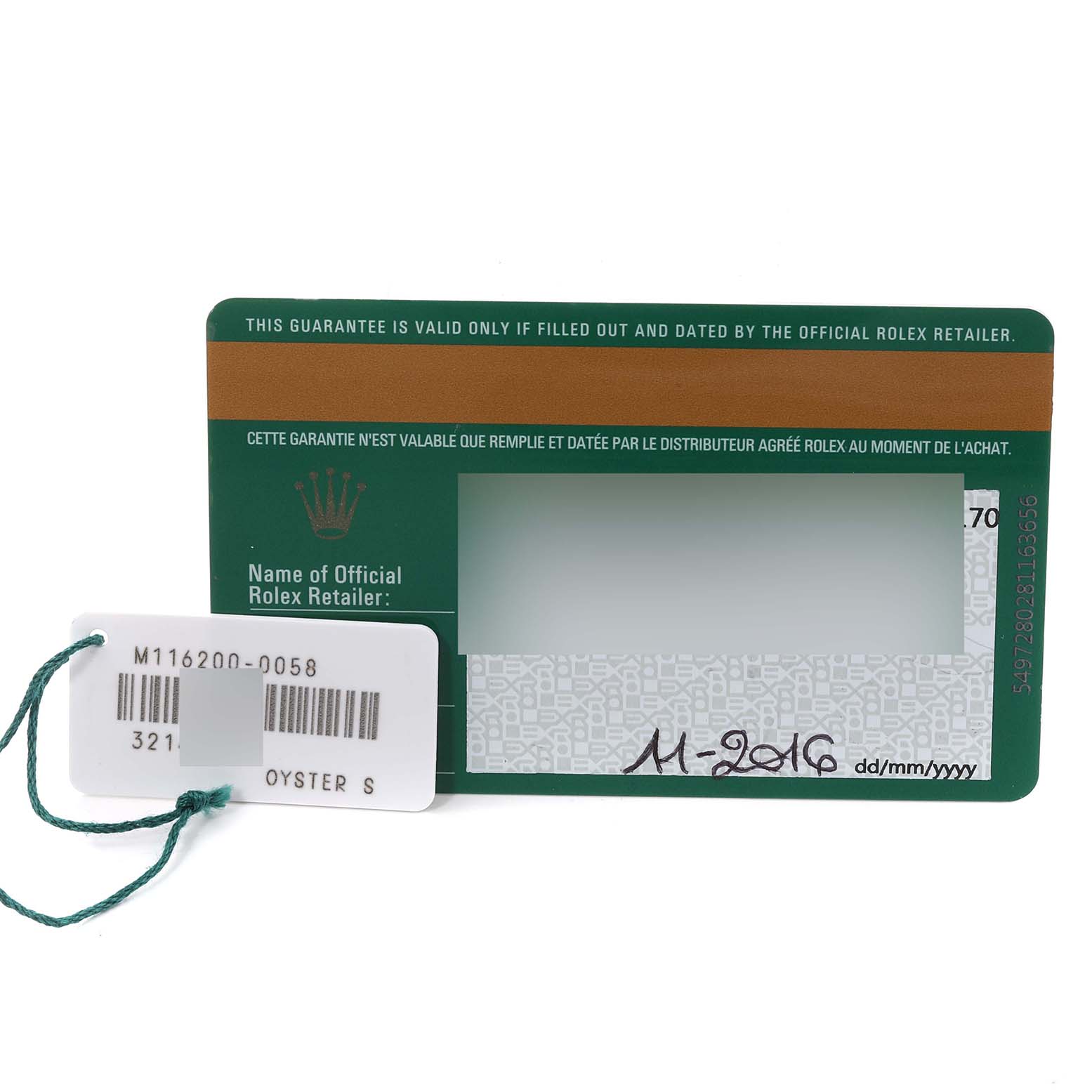 The image shows a green Rolex guarantee card and a white tag for the Datejust model.
