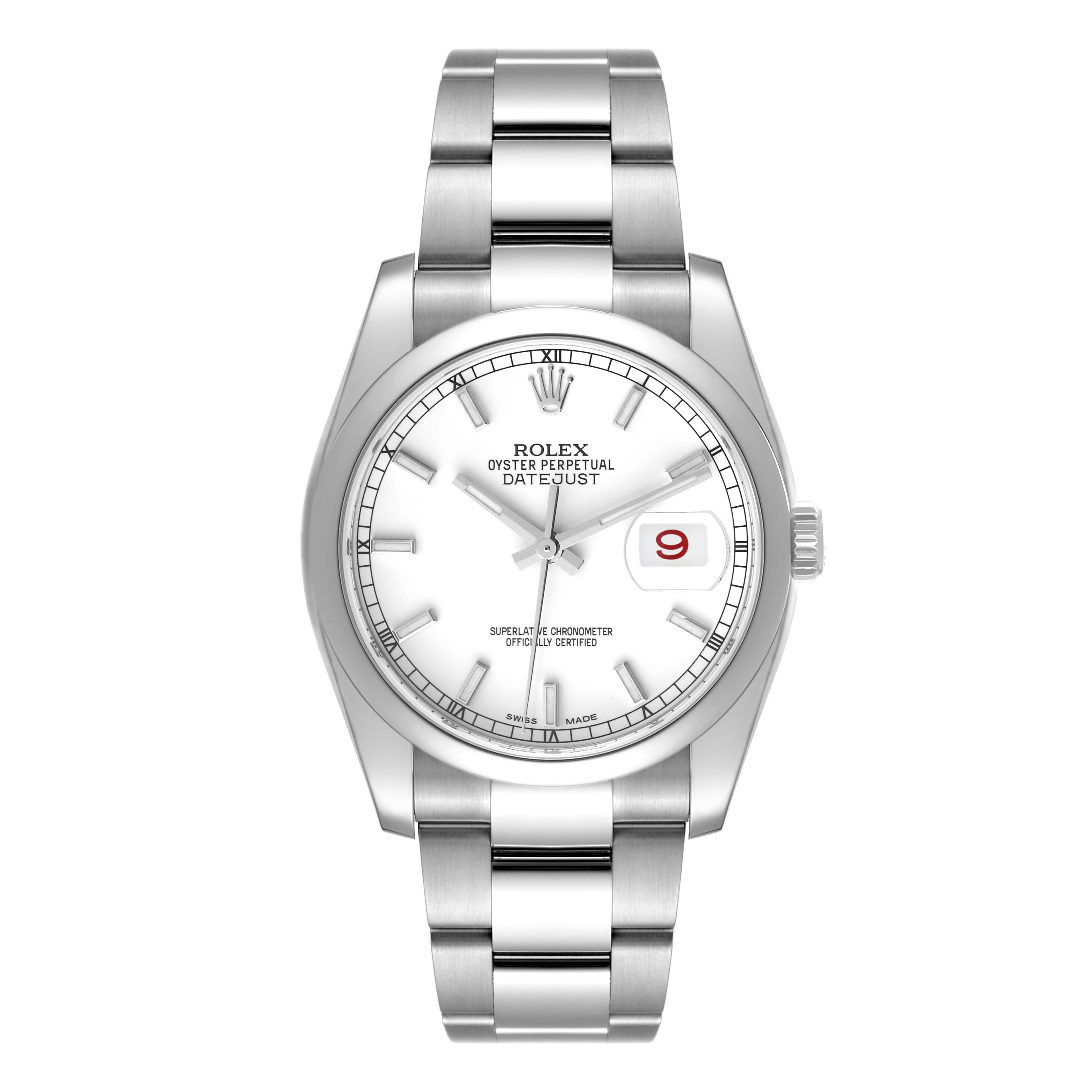The image shows a front view of a Rolex Datejust 116200 Men's Stainless Steel White Dial 116200 Men's Stainless Steel White Dial watch, displaying its bracelet, dial, hands, and date window.