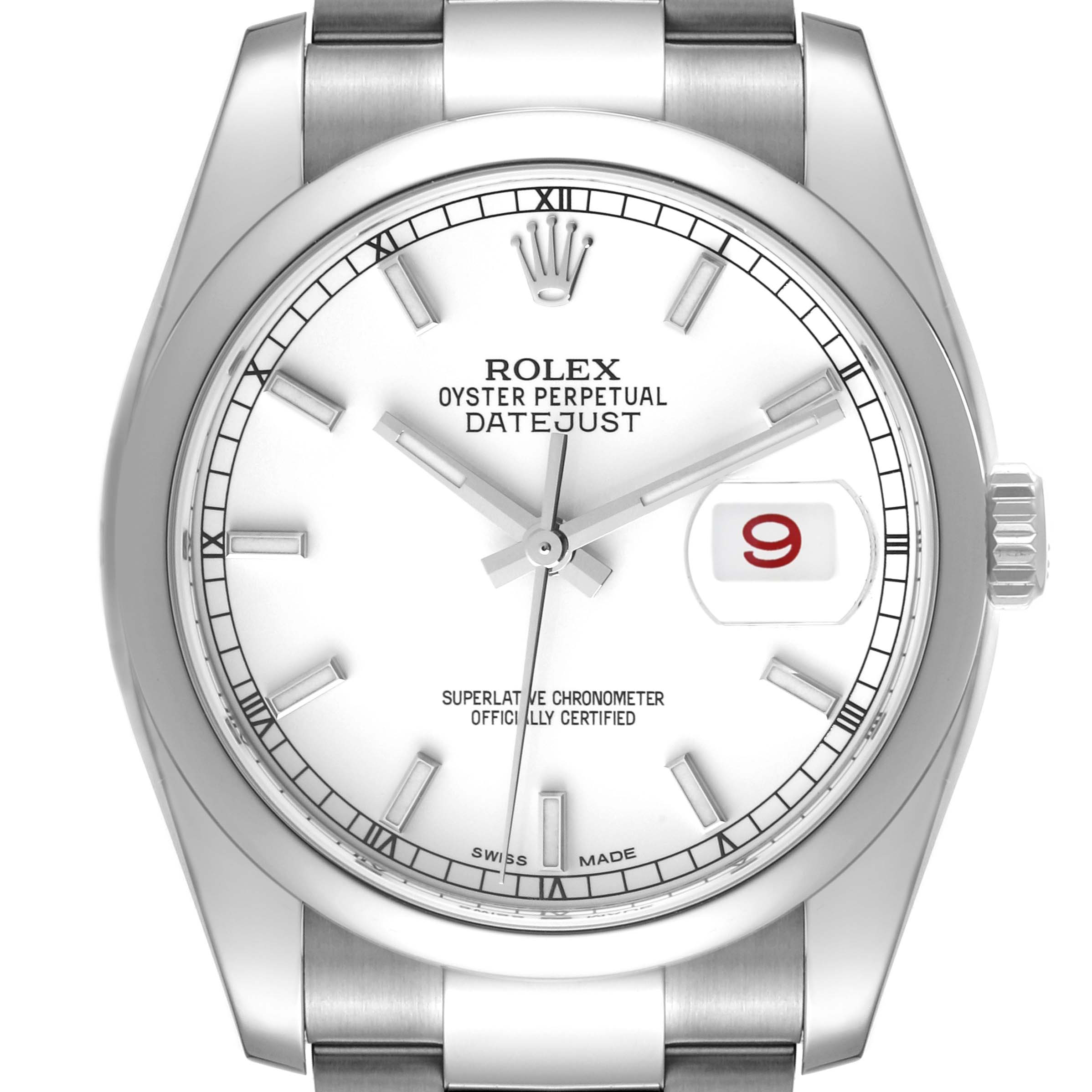 The image shows a front view of the Rolex Datejust 116200 Men's Stainless Steel White Dial 116200 Men's Stainless Steel White Dial watch, featuring its dial, hands, and date window.