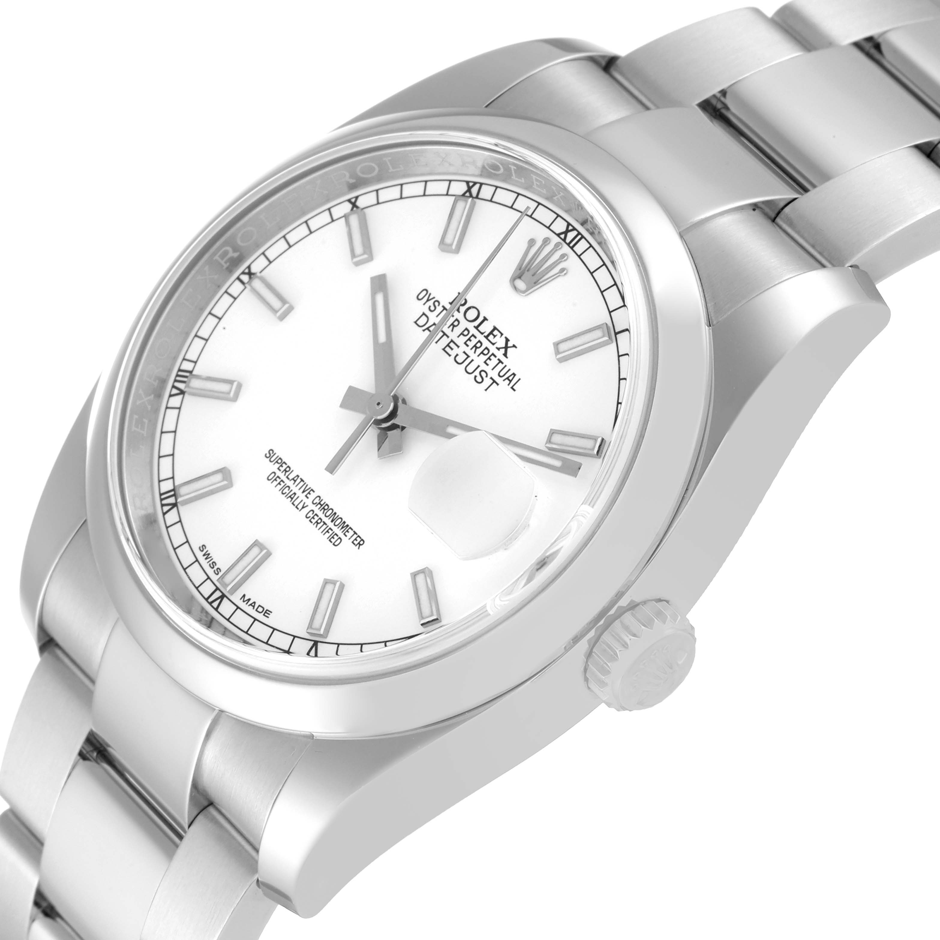 The image shows a Rolex Datejust 116200 Men's Stainless Steel White Dial 116200 Men's Stainless Steel White Dial watch from an angled top view, highlighting the dial, crown, and part of the bracelet.
