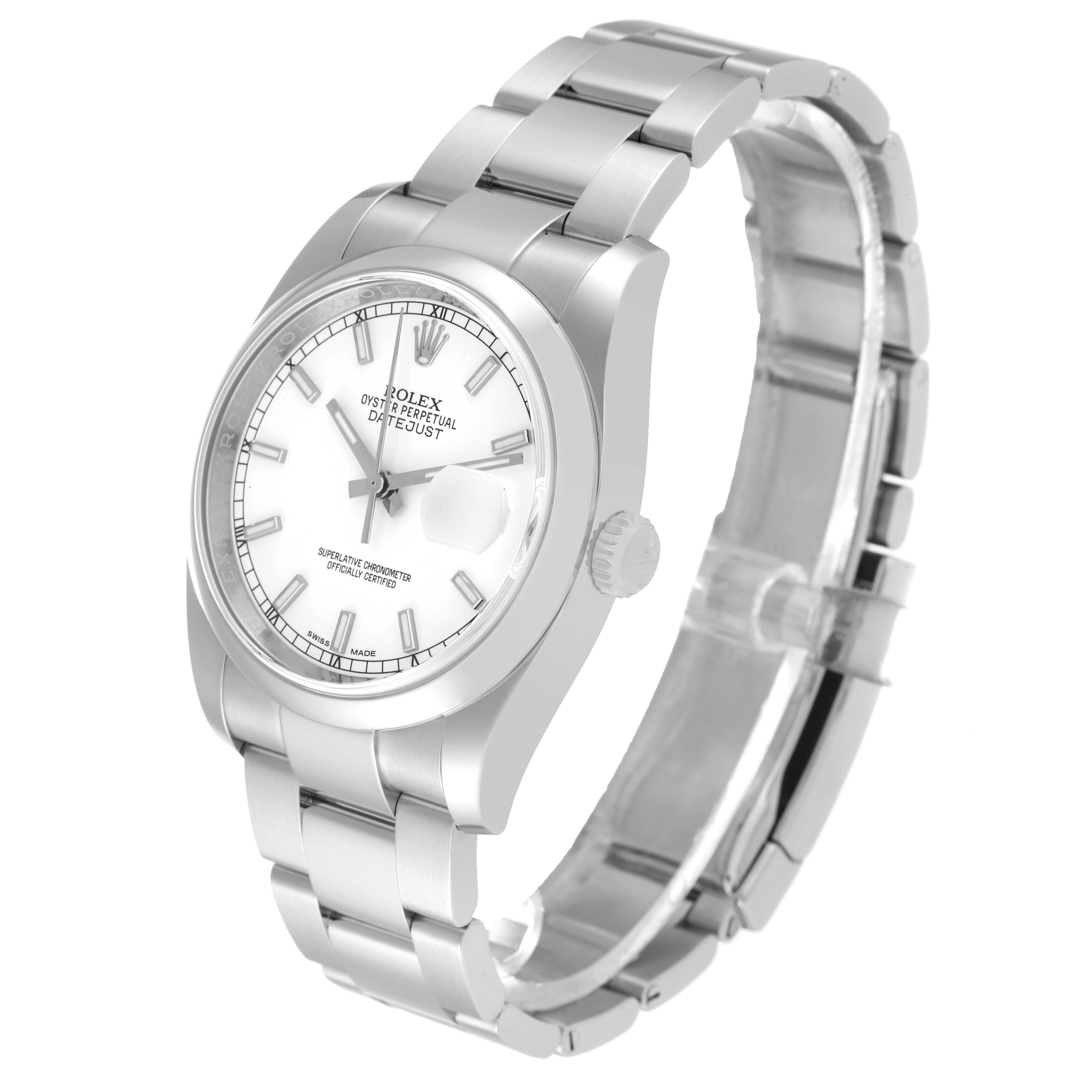 This Rolex Datejust 116200 Men's Stainless Steel White Dial 116200 Men's Stainless Steel White Dial watch is shown at an angled side view, highlighting the face, bezel, bracelet, and crown.