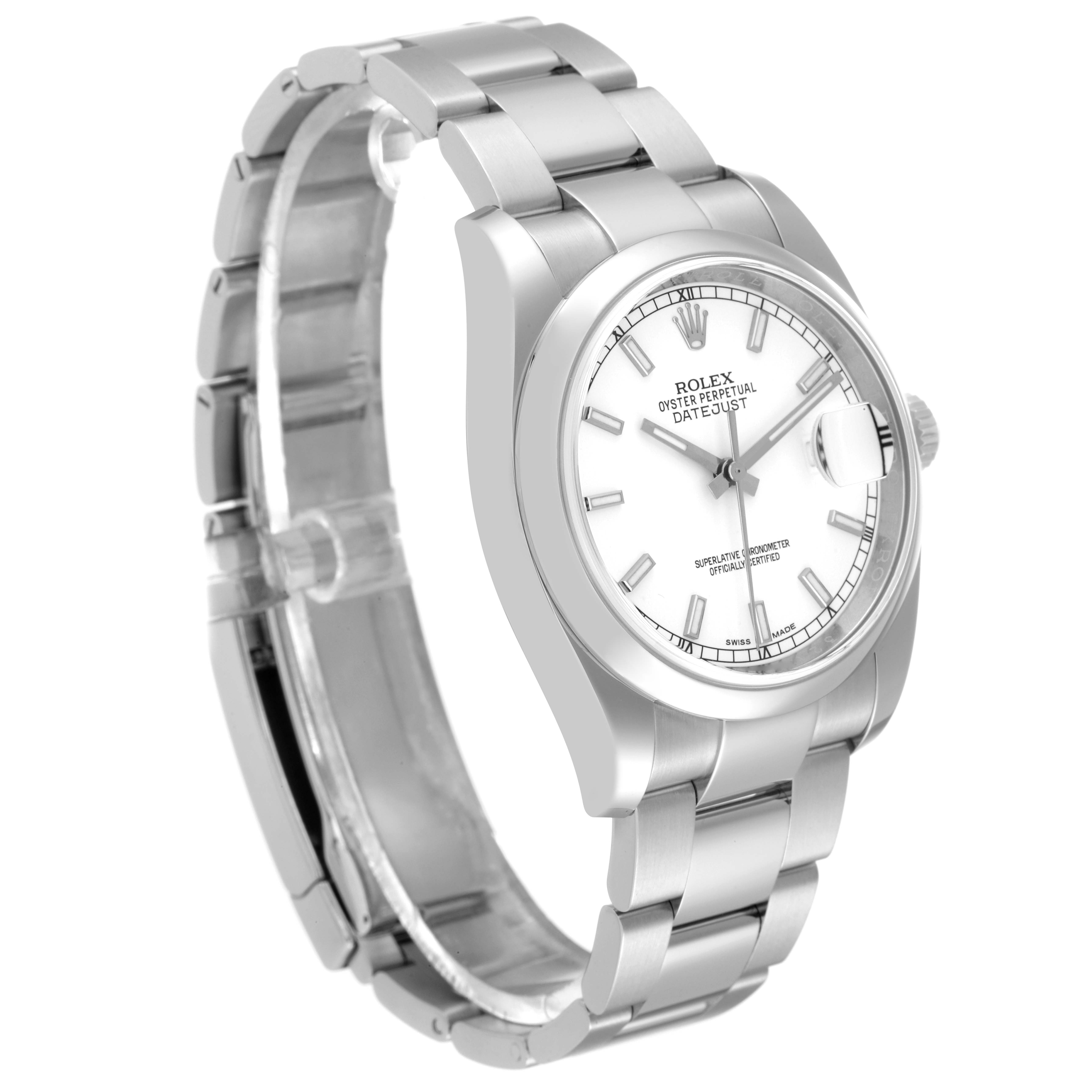 This image shows the Rolex Datejust 116200 Men's Stainless Steel White Dial 116200 Men's Stainless Steel White Dial watch at a slight angle, displaying the dial, bracelet, and casing.