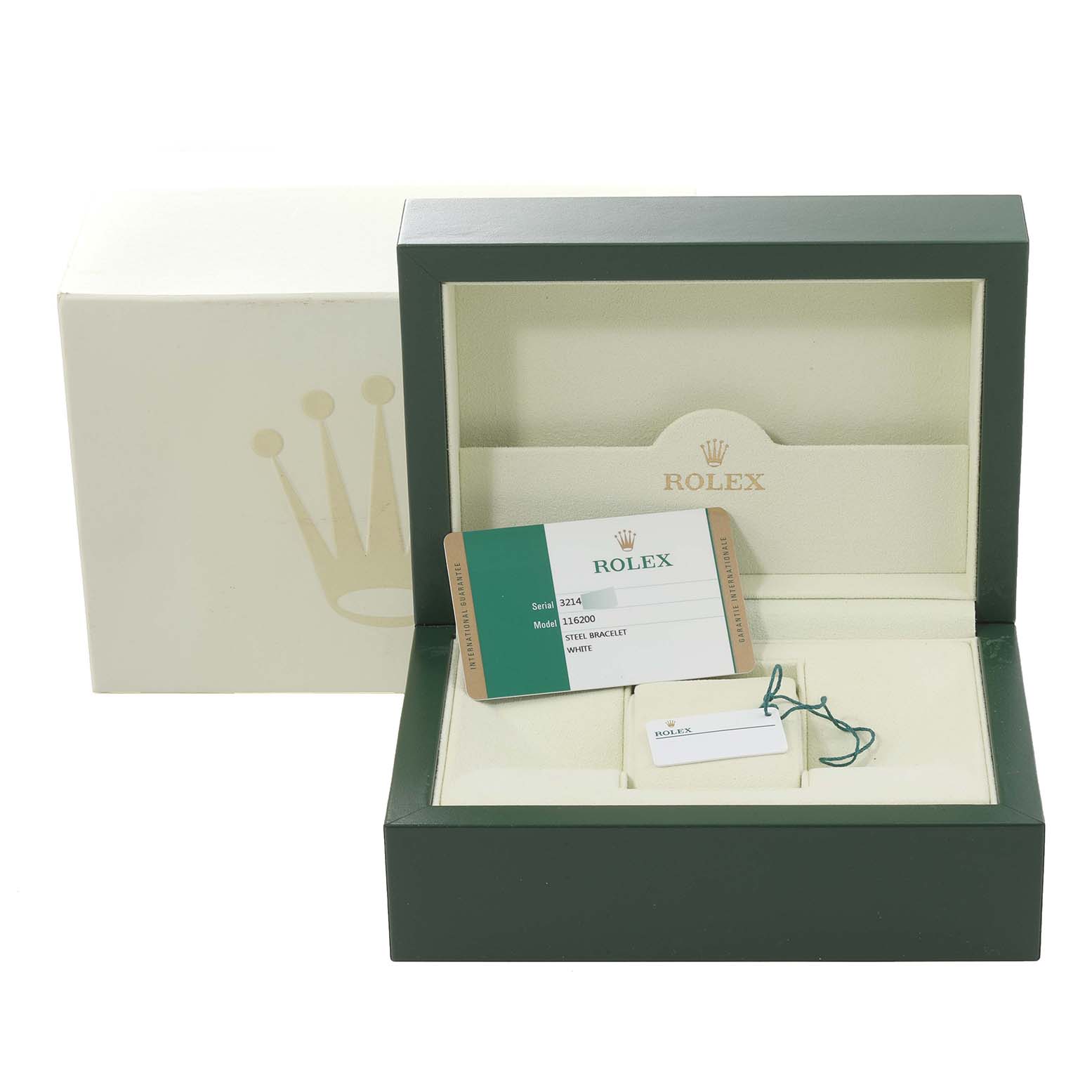 The image shows the packaging and accessories of a Rolex Datejust 116200 Men's Stainless Steel White Dial 116200 Men's Stainless Steel White Dial, including the watch box, warranty card, and tags, from a front angle.