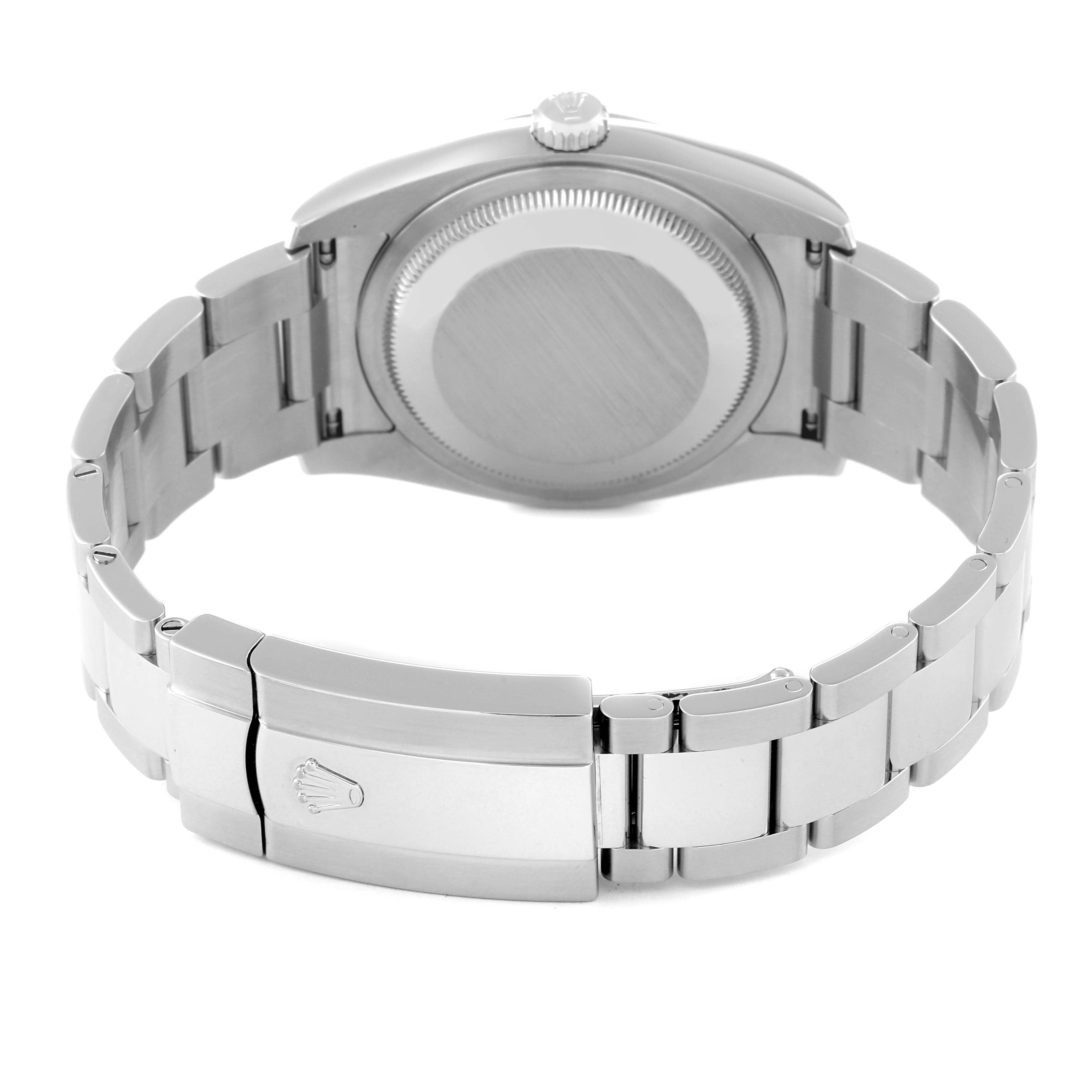 This image shows the back of the Rolex Datejust 116200 Men's Stainless Steel White Dial 116200 Men's Stainless Steel White Dial watch, focusing on the case back and stainless steel bracelet with clasp.