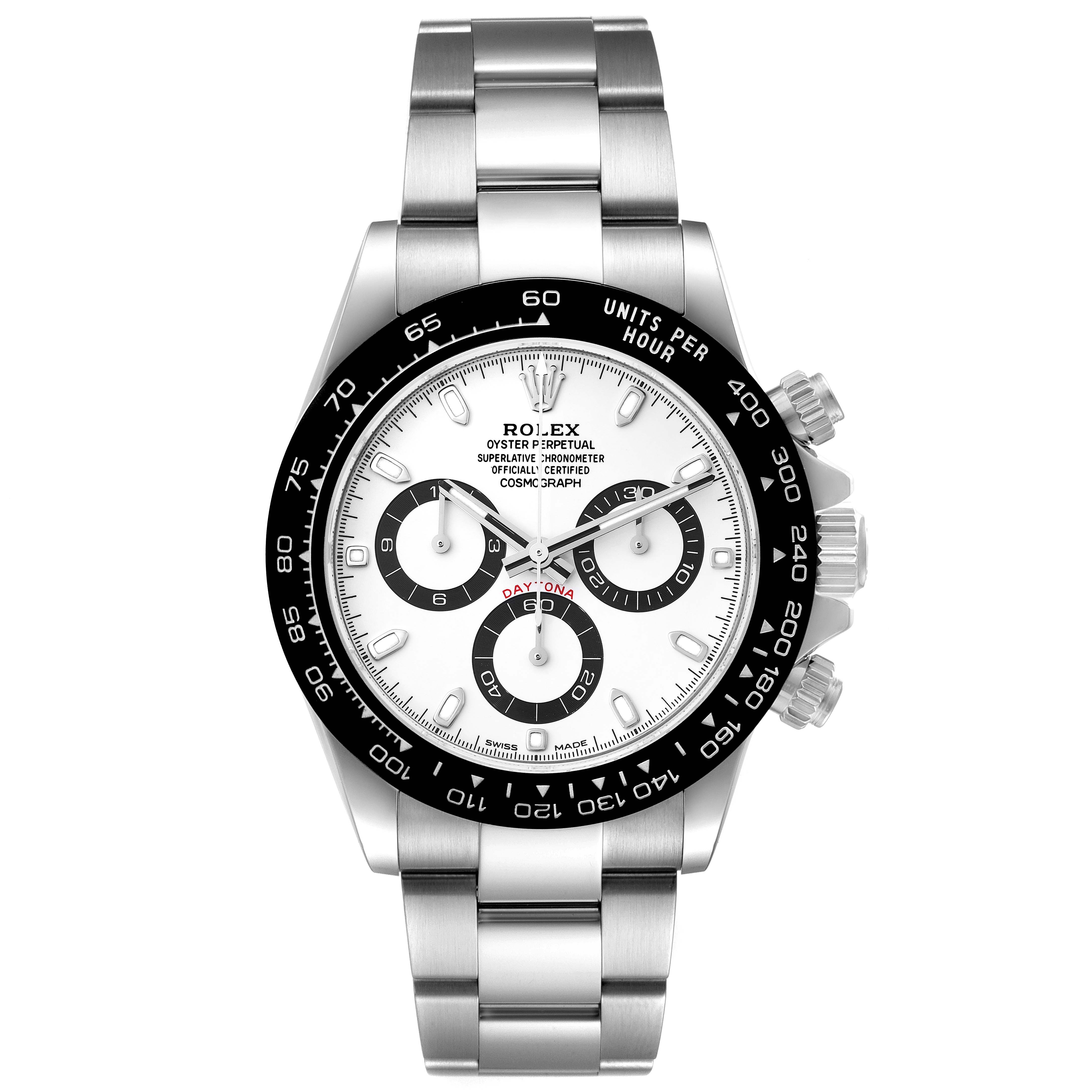 The image shows a Rolex Daytona 116500 Men's Stainless Steel White Dial 116500 Men's Stainless Steel White Dial watch from a front angle, displaying its dial, bezel, and bracelet.