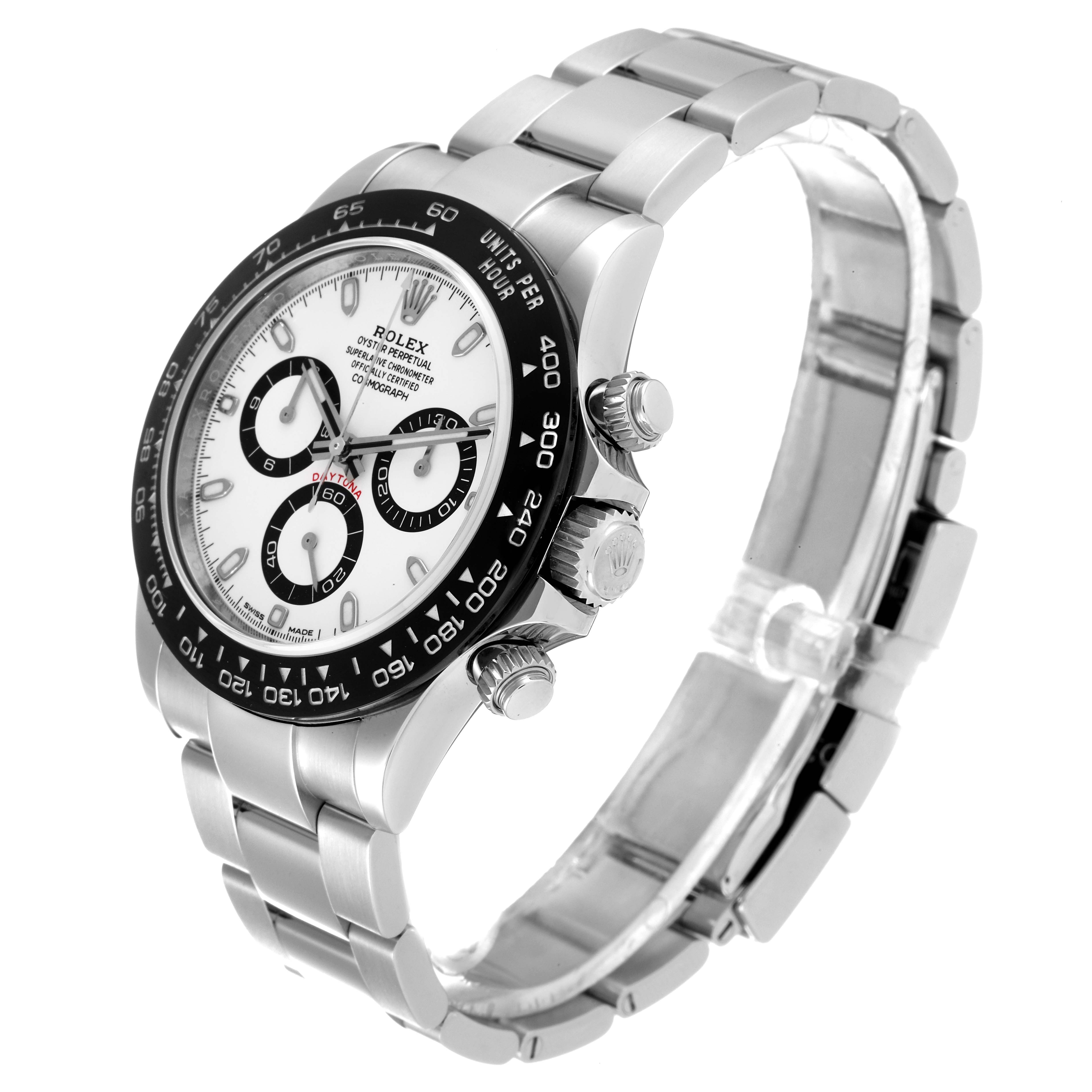 The Rolex Daytona 116500 Men's Stainless Steel White Dial 116500 Men's Stainless Steel White Dial watch is shown at a three-quarter side angle, highlighting the face, bezel, crown, and bracelet.