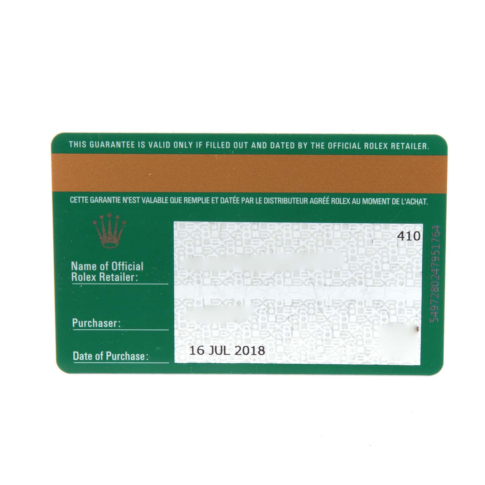 The image shows the guarantee card for a Rolex Daytona 116500 Men's Stainless Steel White Dial 116500 Men's Stainless Steel White Dial watch, featuring purchase details and the official retailer's name.